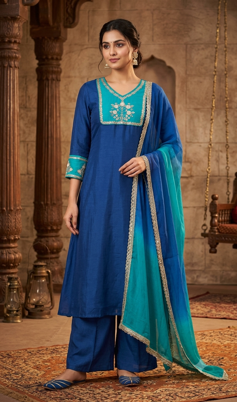 Classic Blue Yoke Embroidered A-Line Kurta Palazzo & Dual-Shade Dupatta Set | Pure Chinon