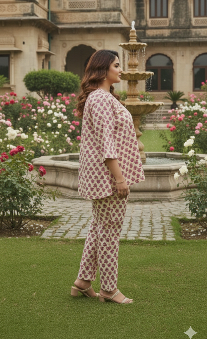 Yellowish Beige Size Jaipuri Floral Printed Co-Ord Set | Cotton Ethnic Wear (Size 48–52)