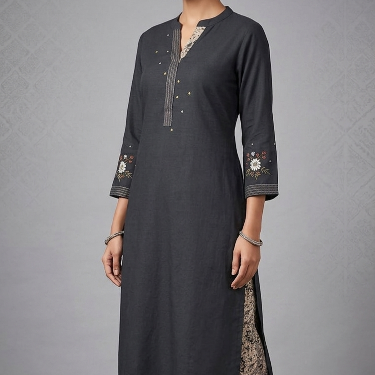 Black - Straight Kurta with Ajrakh Print Palazzo Set ( PLUS SIZE )
