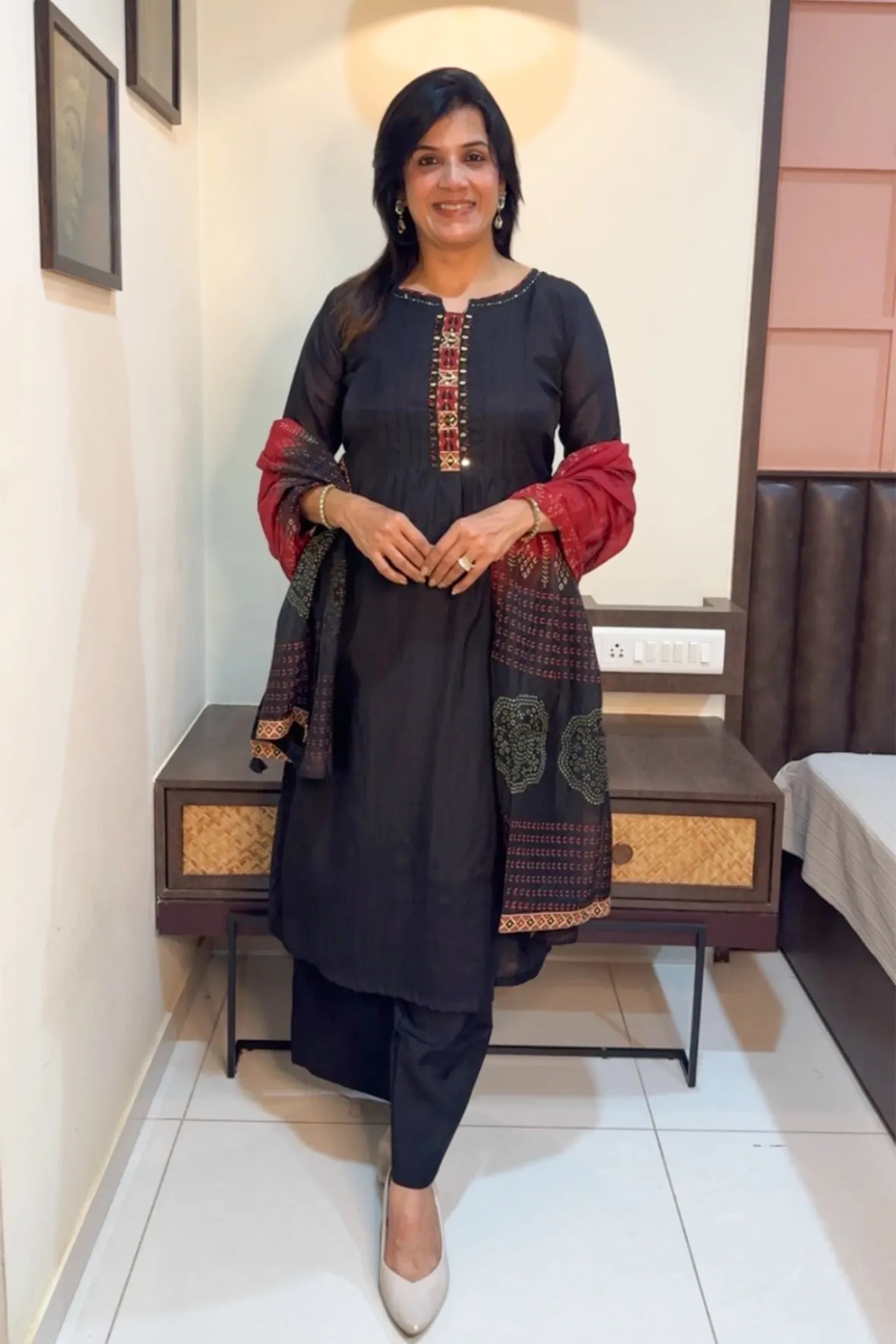Black Mul Chanderi Kurta Set with Dupatta | Mirror Work & Embroidery