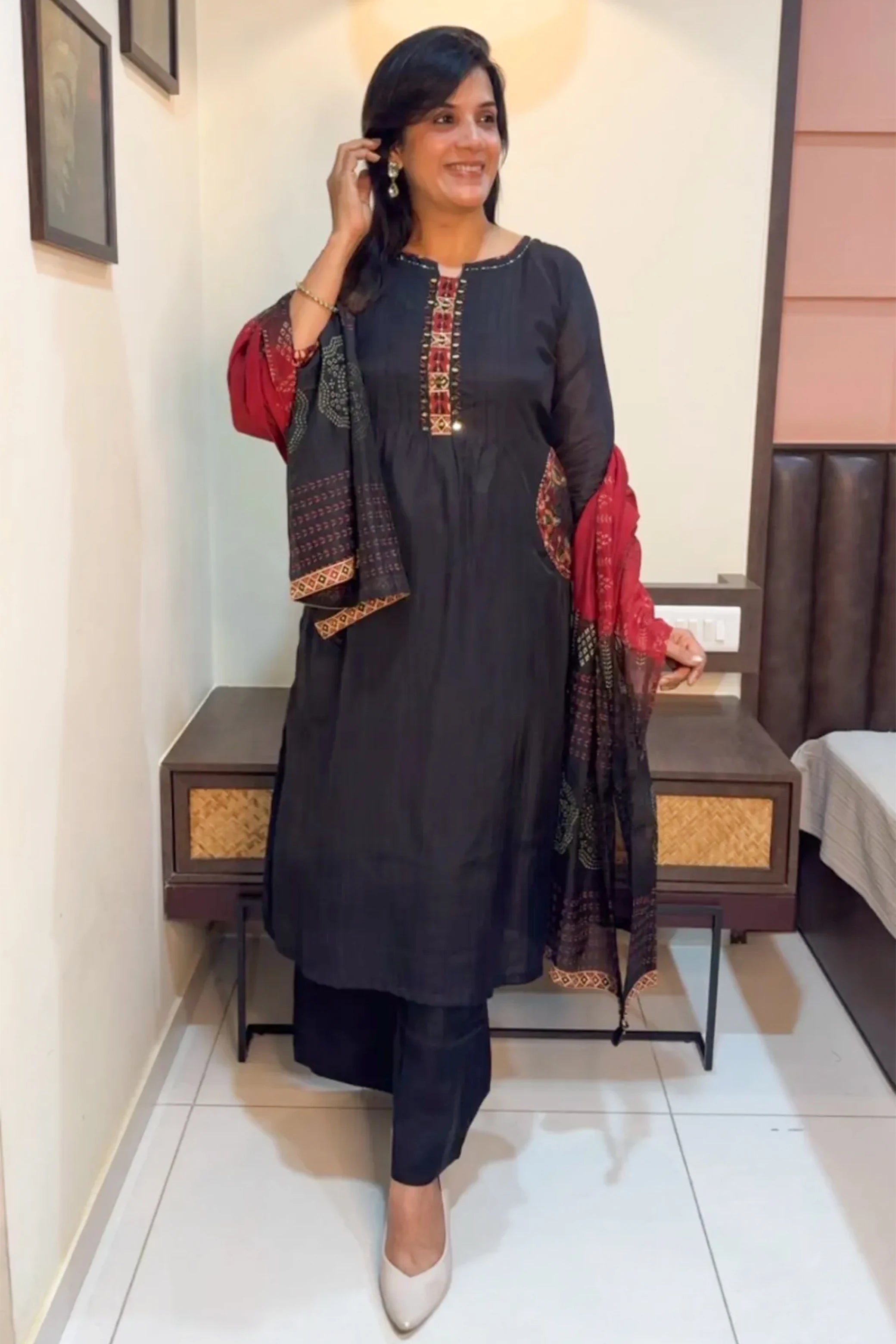 Black Mul Chanderi Kurta Set with Dupatta | Mirror Work & Embroidery
