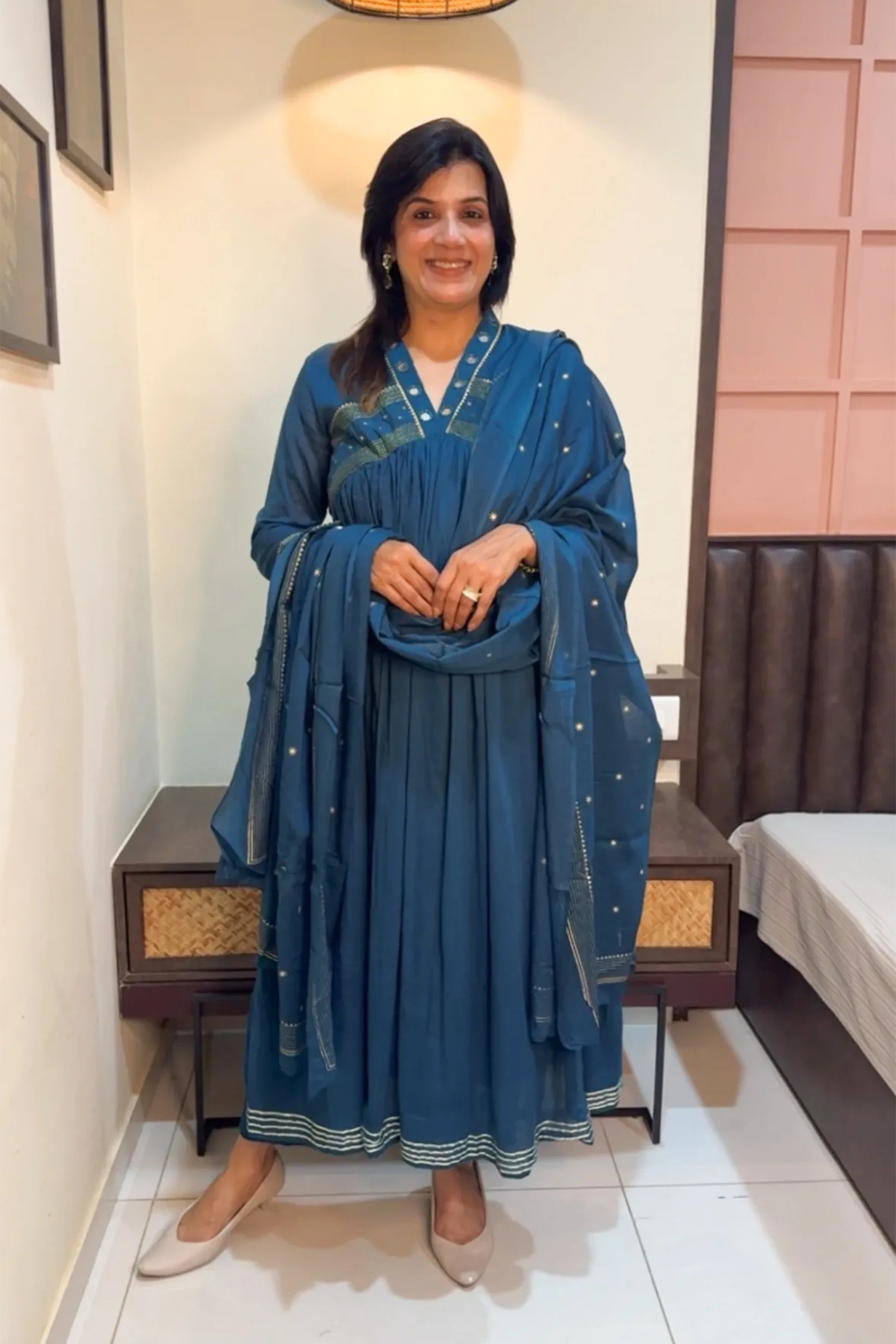 Teal Blue Mirror Work Dupatta Set – Soft Cotton