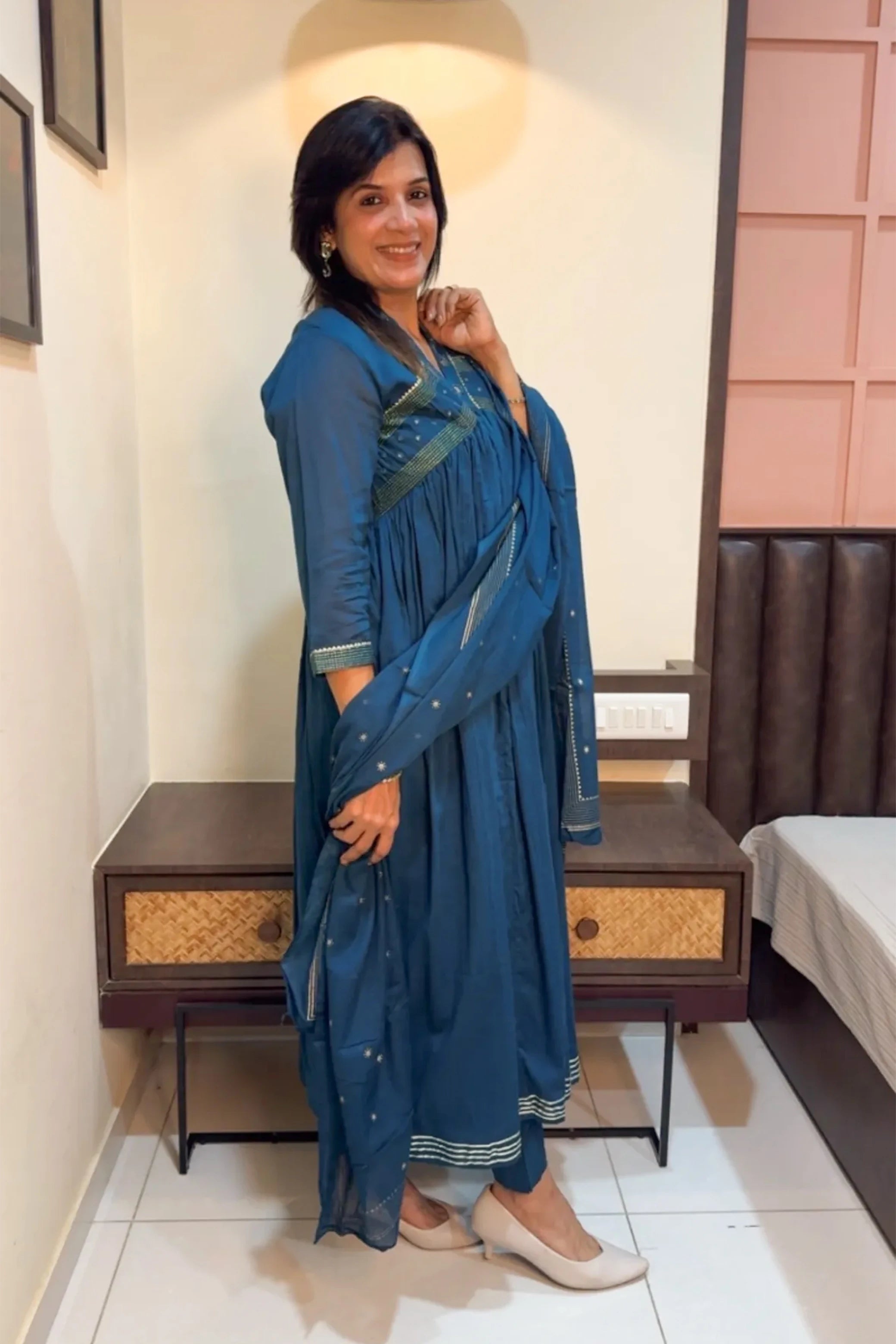 Teal Blue Mirror Work Dupatta Set – Soft Cotton