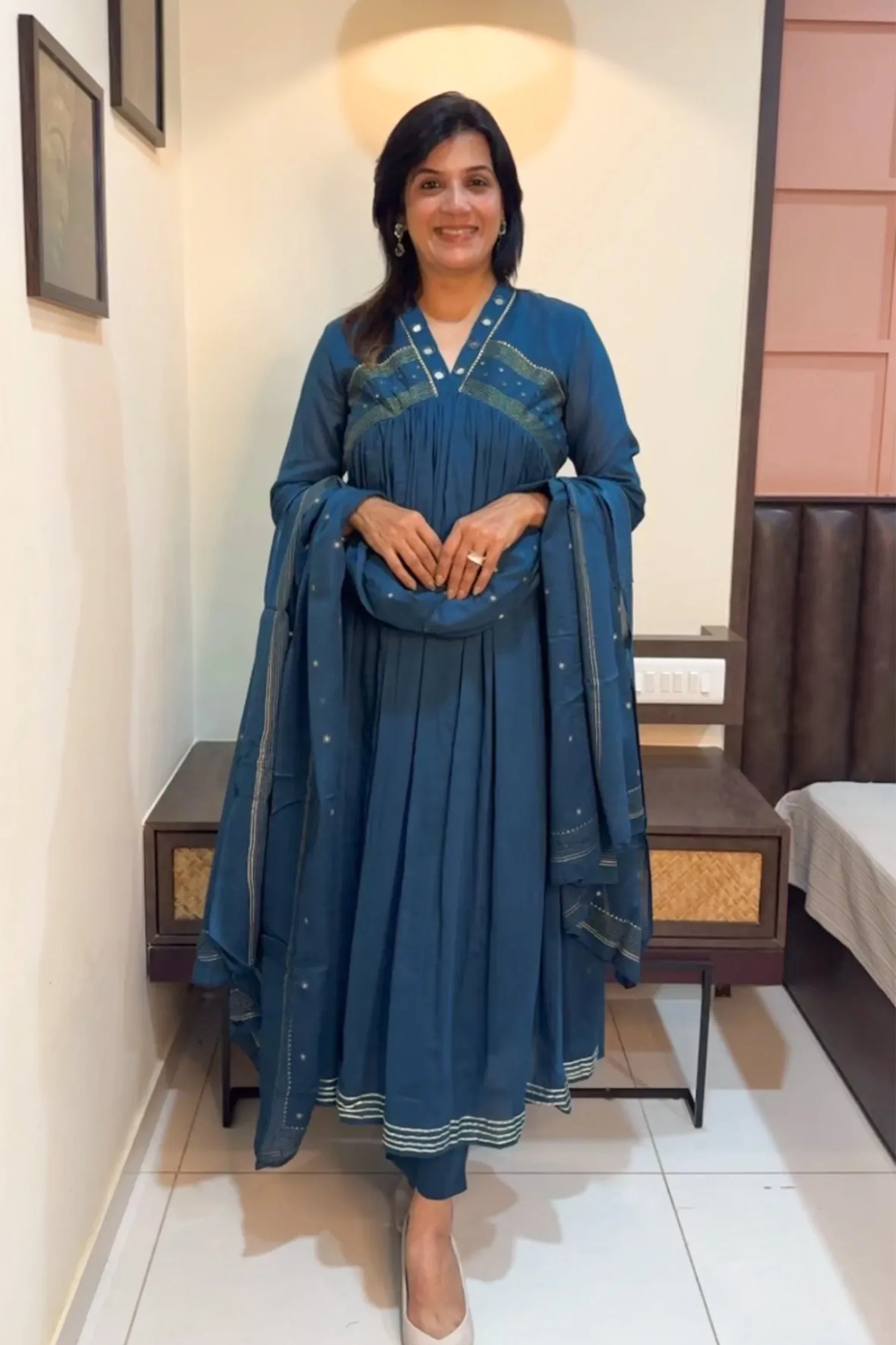 Teal Blue Mirror Work Dupatta Set – Soft Cotton