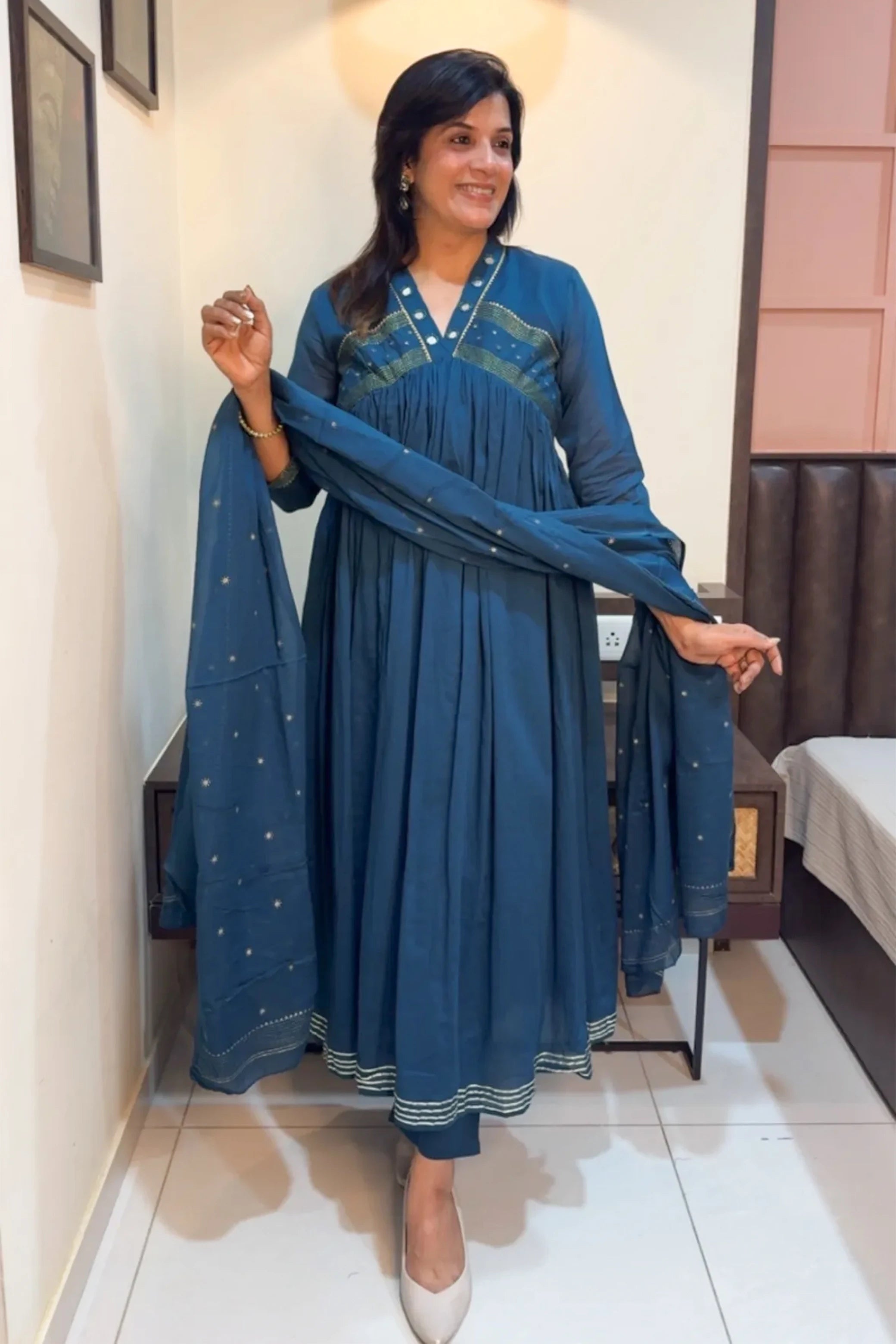 Teal Blue Mirror Work Dupatta Set – Soft Cotton
