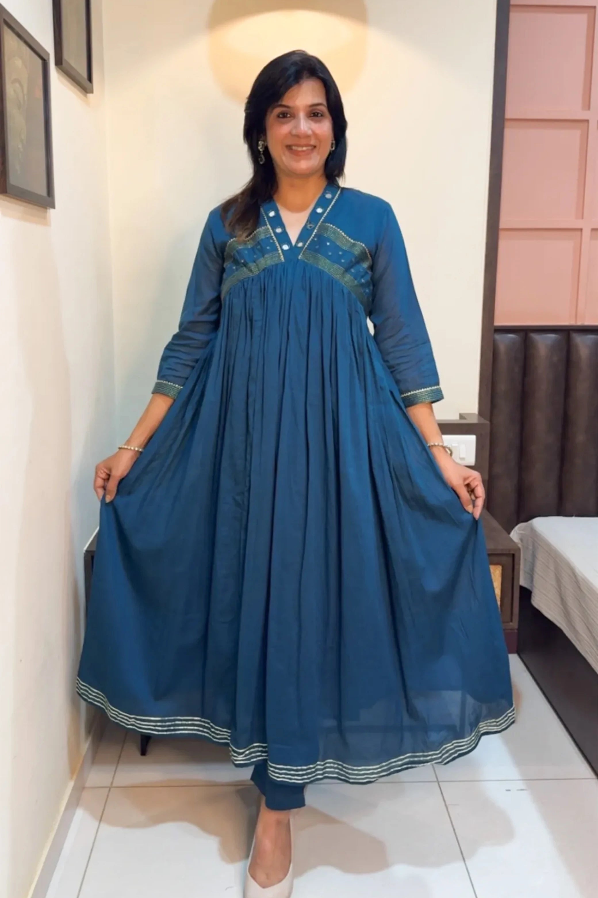 Teal Blue Mirror Work Dupatta Set – Soft Cotton