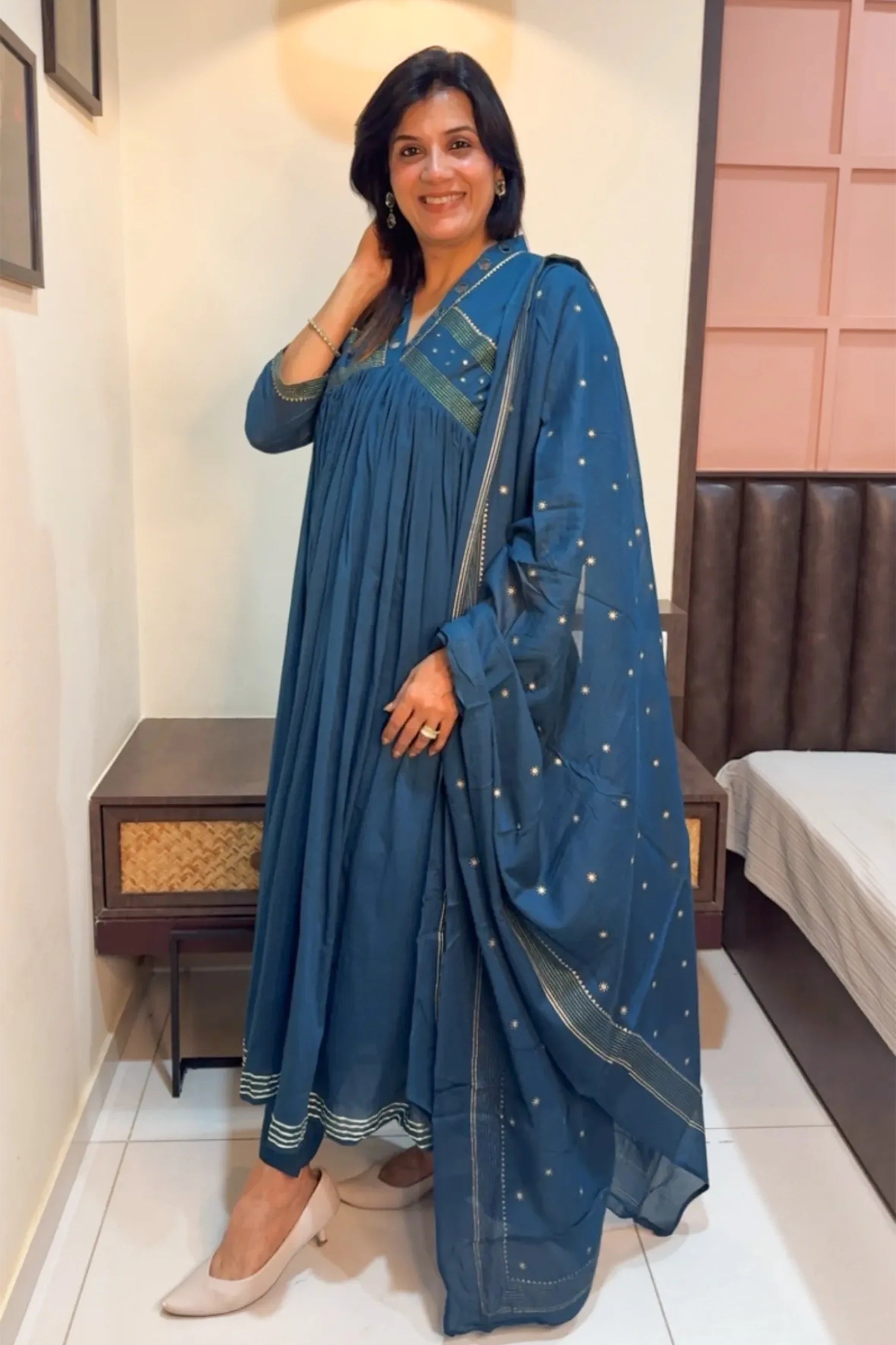 Teal Blue Mirror Work Dupatta Set – Soft Cotton