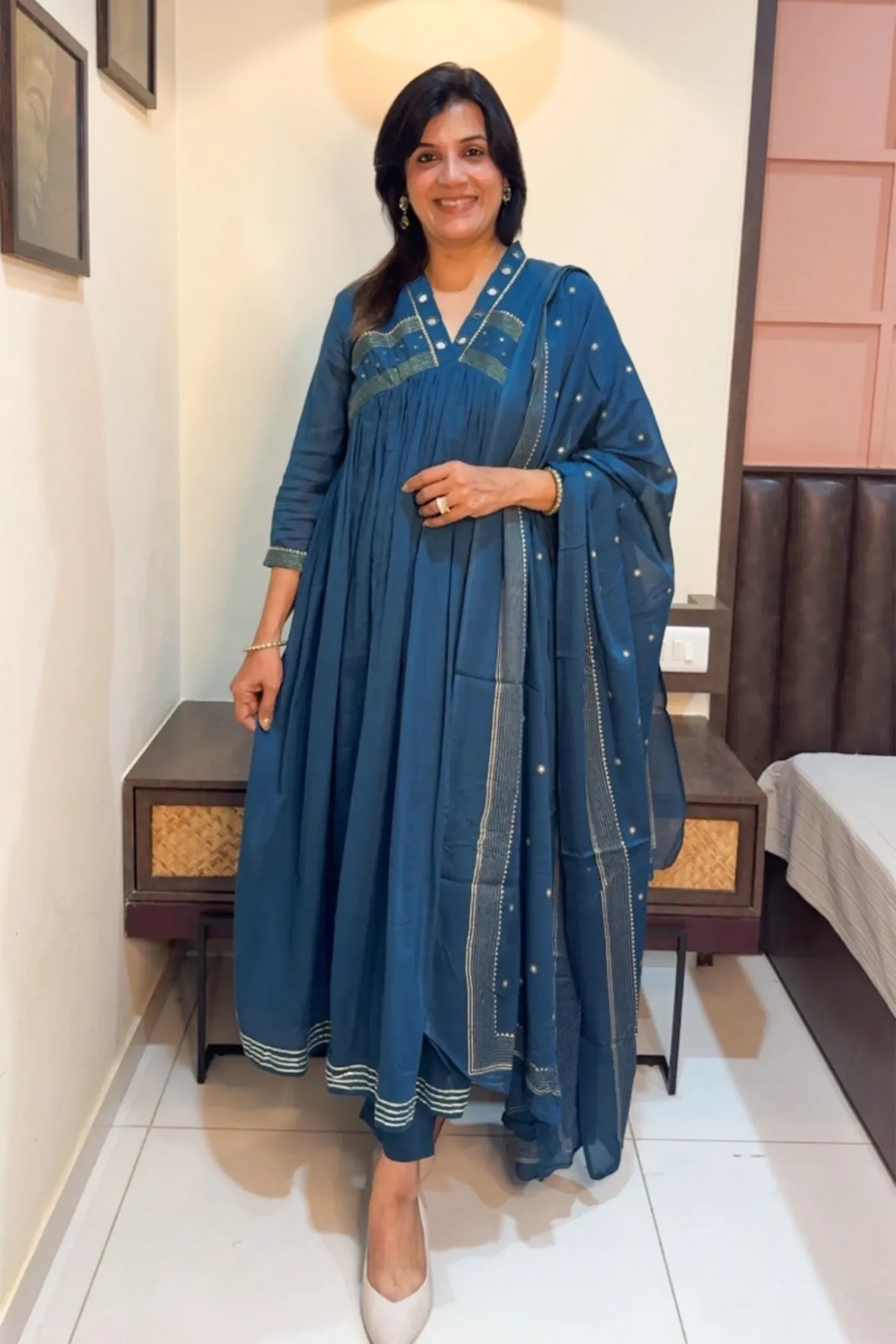 Teal Blue Mirror Work Dupatta Set – Soft Cotton
