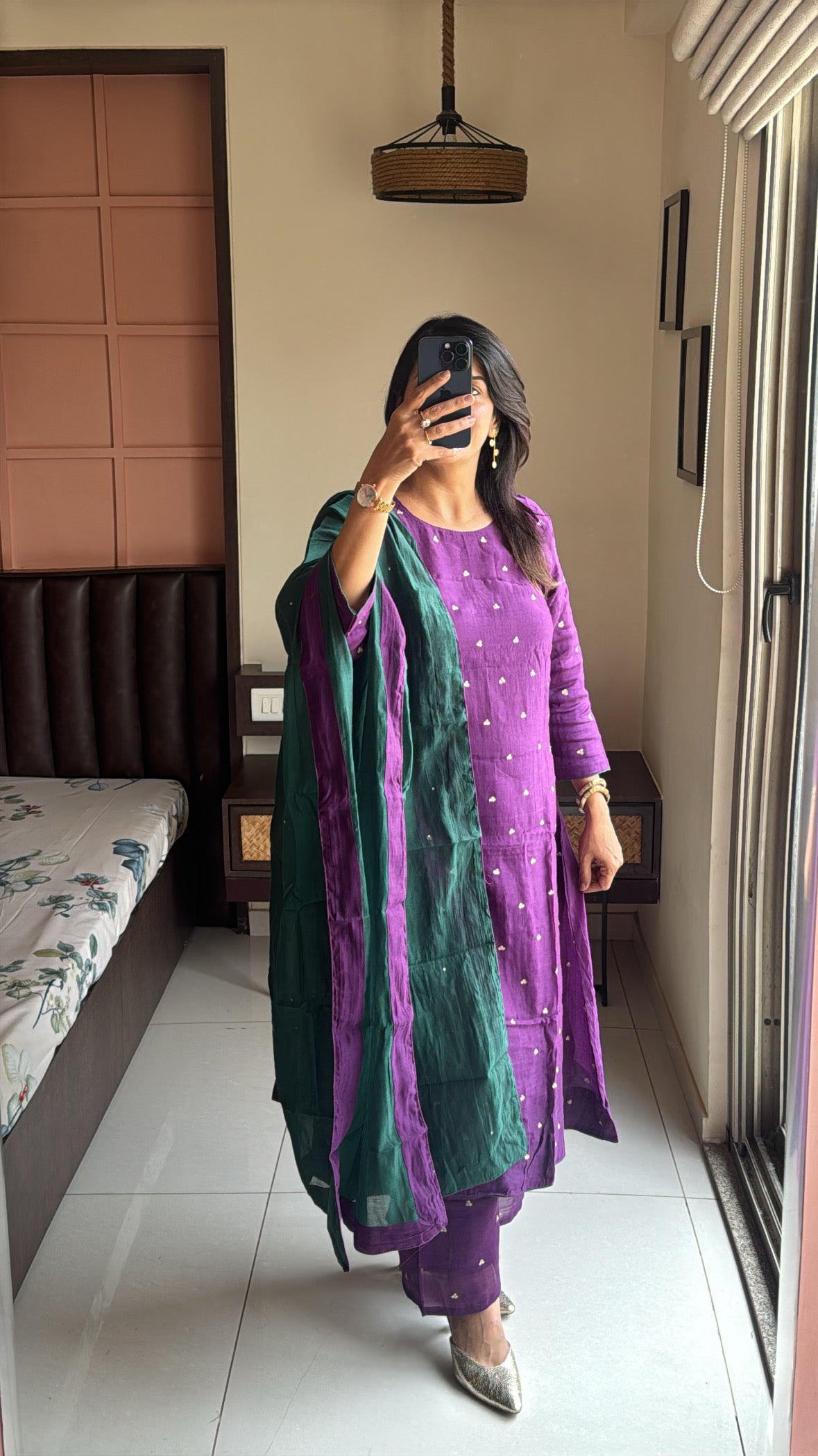 Purple & Green A-Line Kurta Palazzo Dupatta Set | Sequins Embroidery | Pure Mul Chanderi