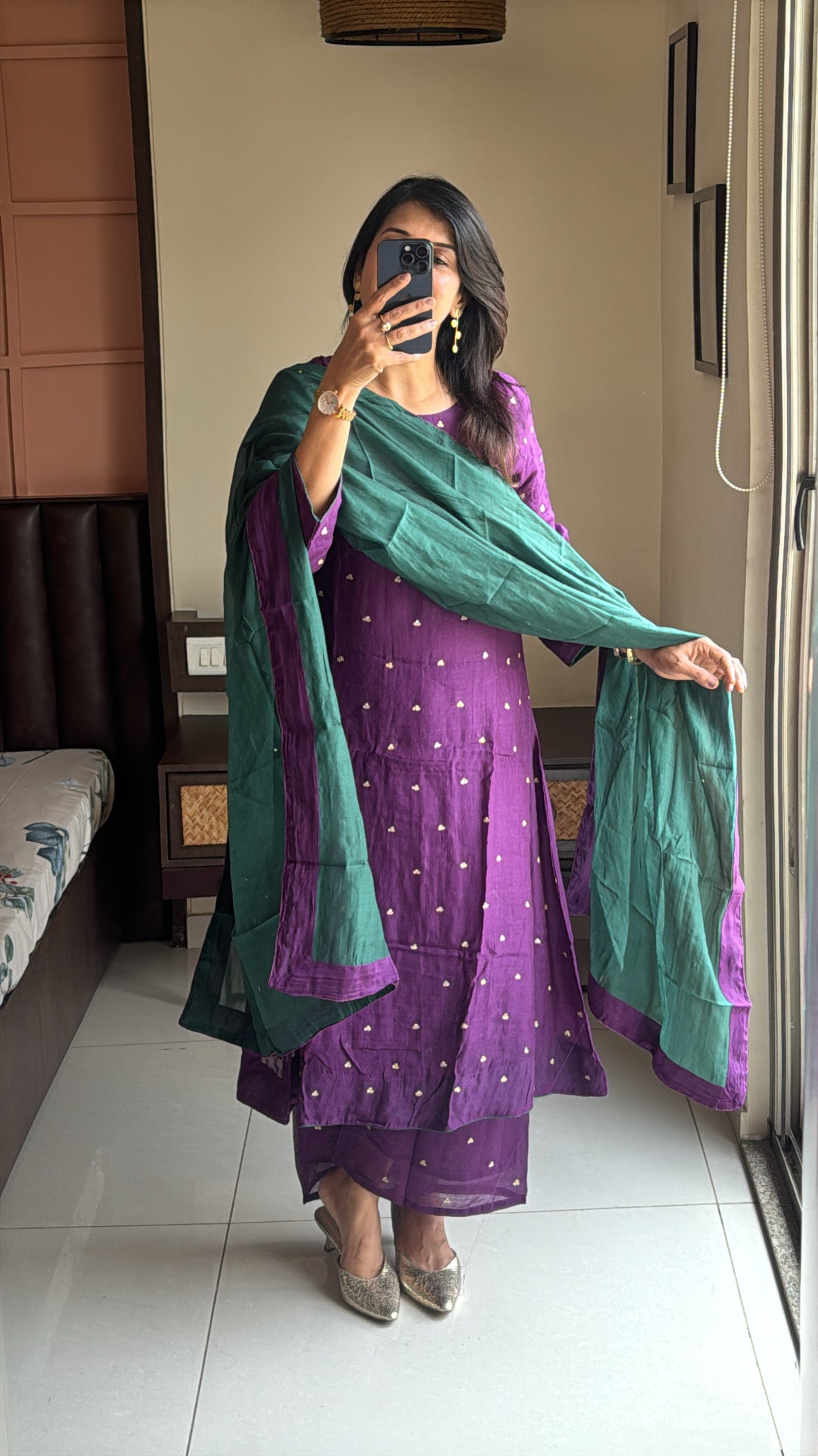 Purple & Green A-Line Kurta Palazzo Dupatta Set | Sequins Embroidery | Pure Mul Chanderi
