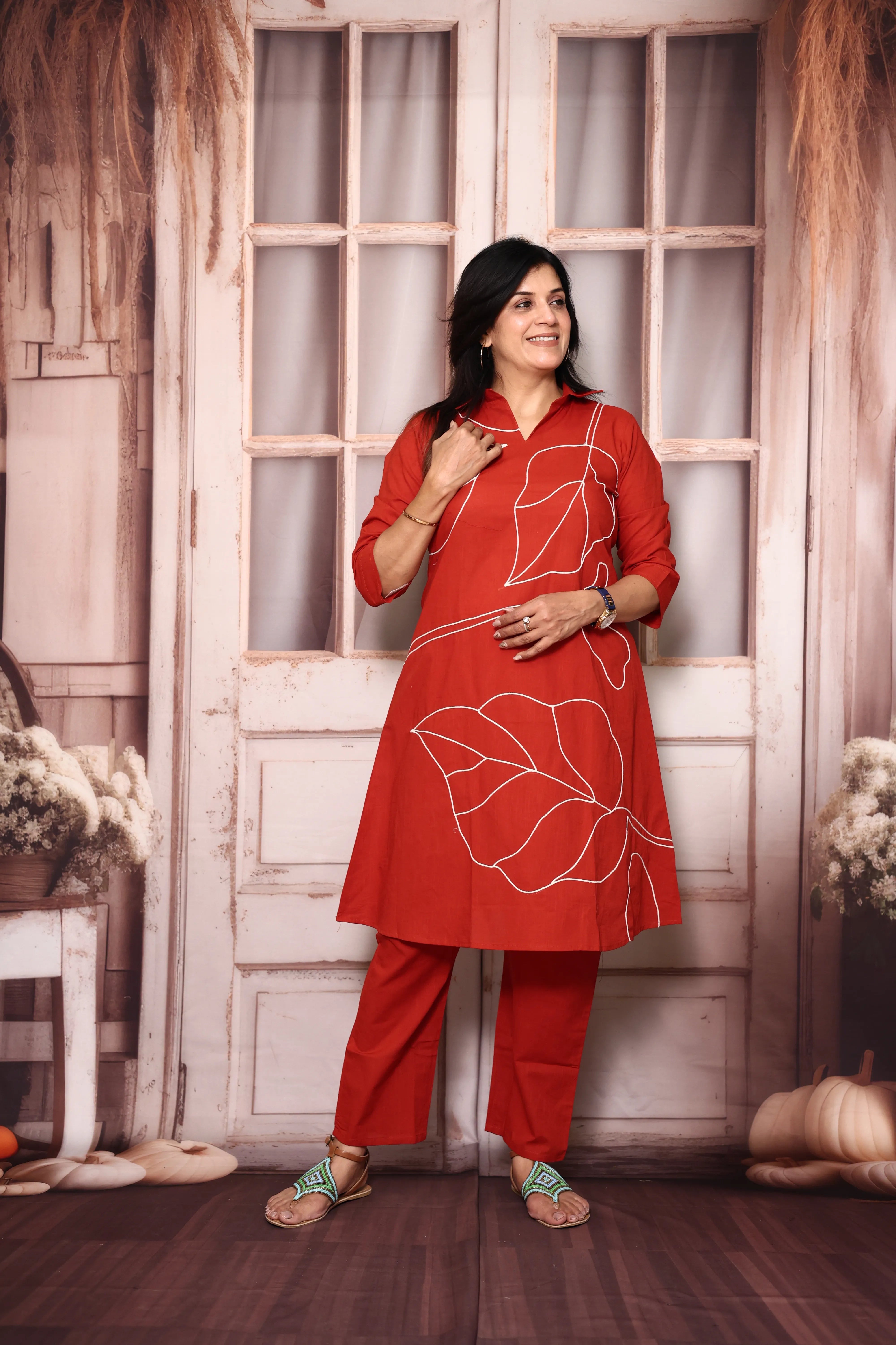 Red Knee Length Collar Neck Top Pant Co-Ord Set | Cotton Wear for Women