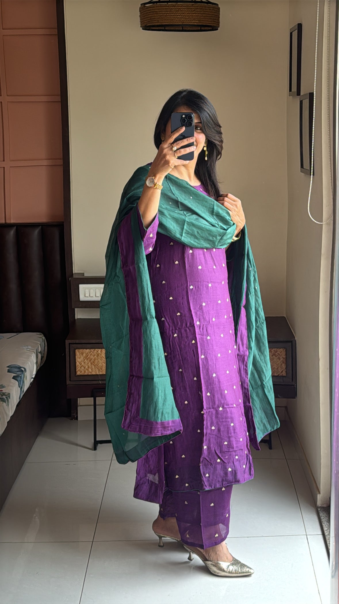 Purple & Green A-Line Kurta Palazzo Dupatta Set | Sequins Embroidery | Pure Mul Chanderi