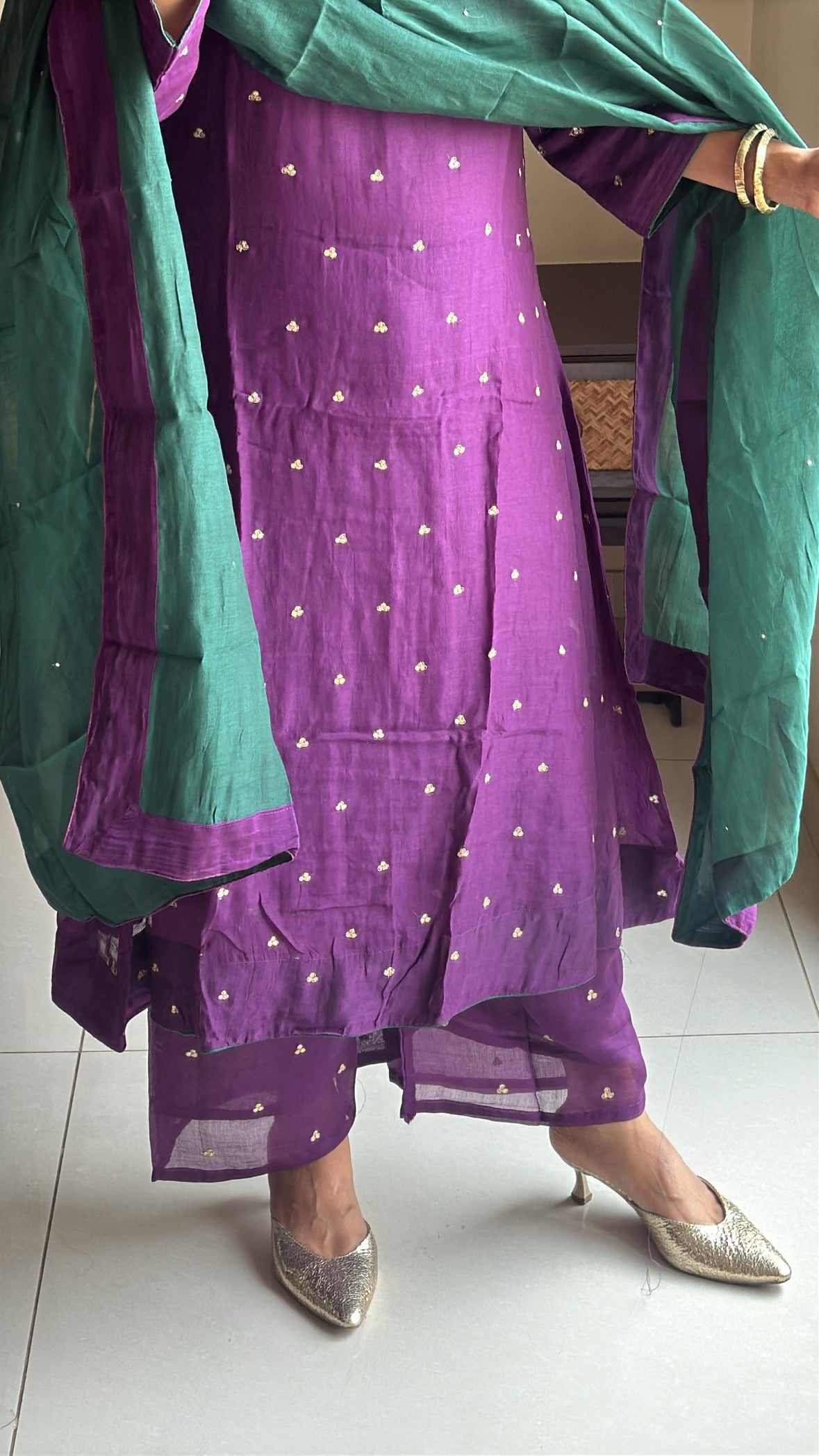 Purple & Green A-Line Kurta Palazzo Dupatta Set | Sequins Embroidery | Pure Mul Chanderi