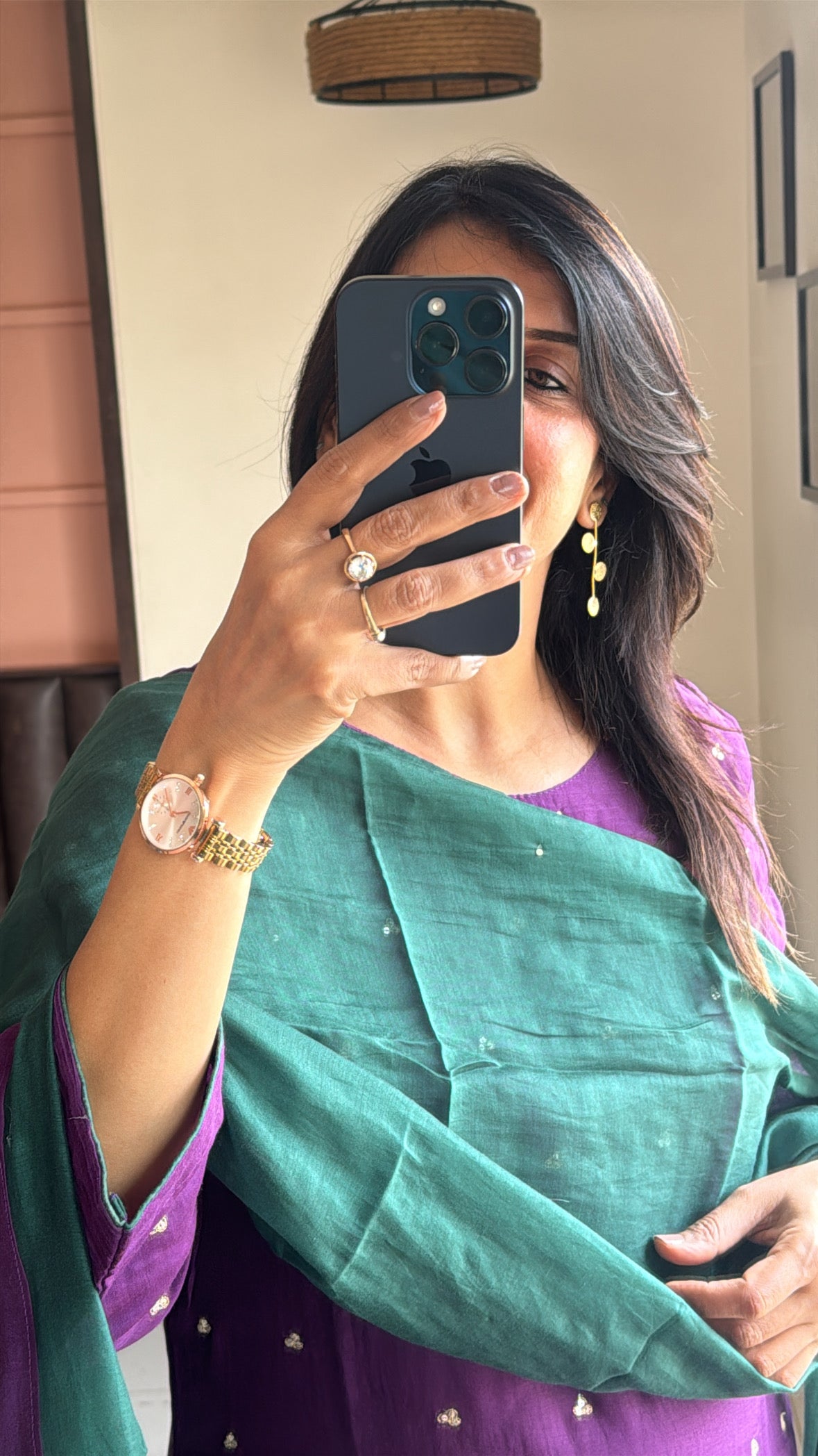 Purple & Green A-Line Kurta Palazzo Dupatta Set | Sequins Embroidery | Pure Mul Chanderi
