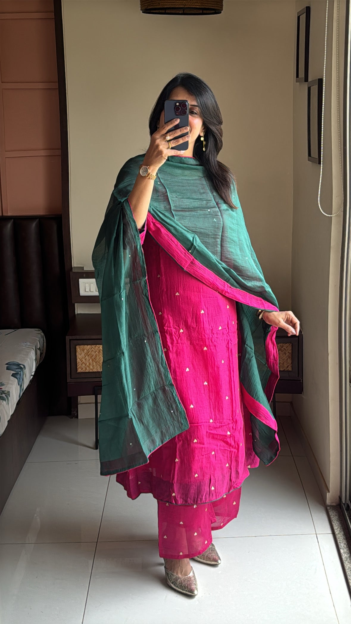 Rani & Green A-Line Kurta Palazzo Dupatta Set | Sequins Embroidery | Pure Mul Chanderi
