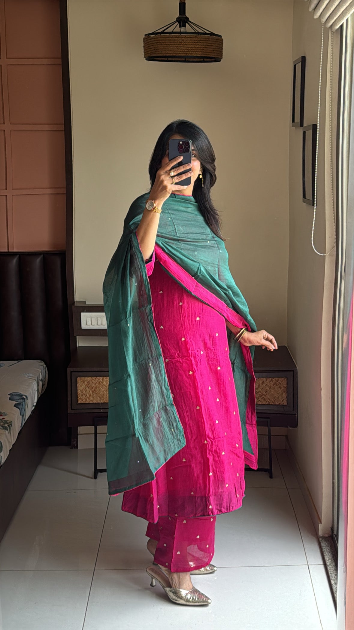 Rani & Green A-Line Kurta Palazzo Dupatta Set | Sequins Embroidery | Pure Mul Chanderi