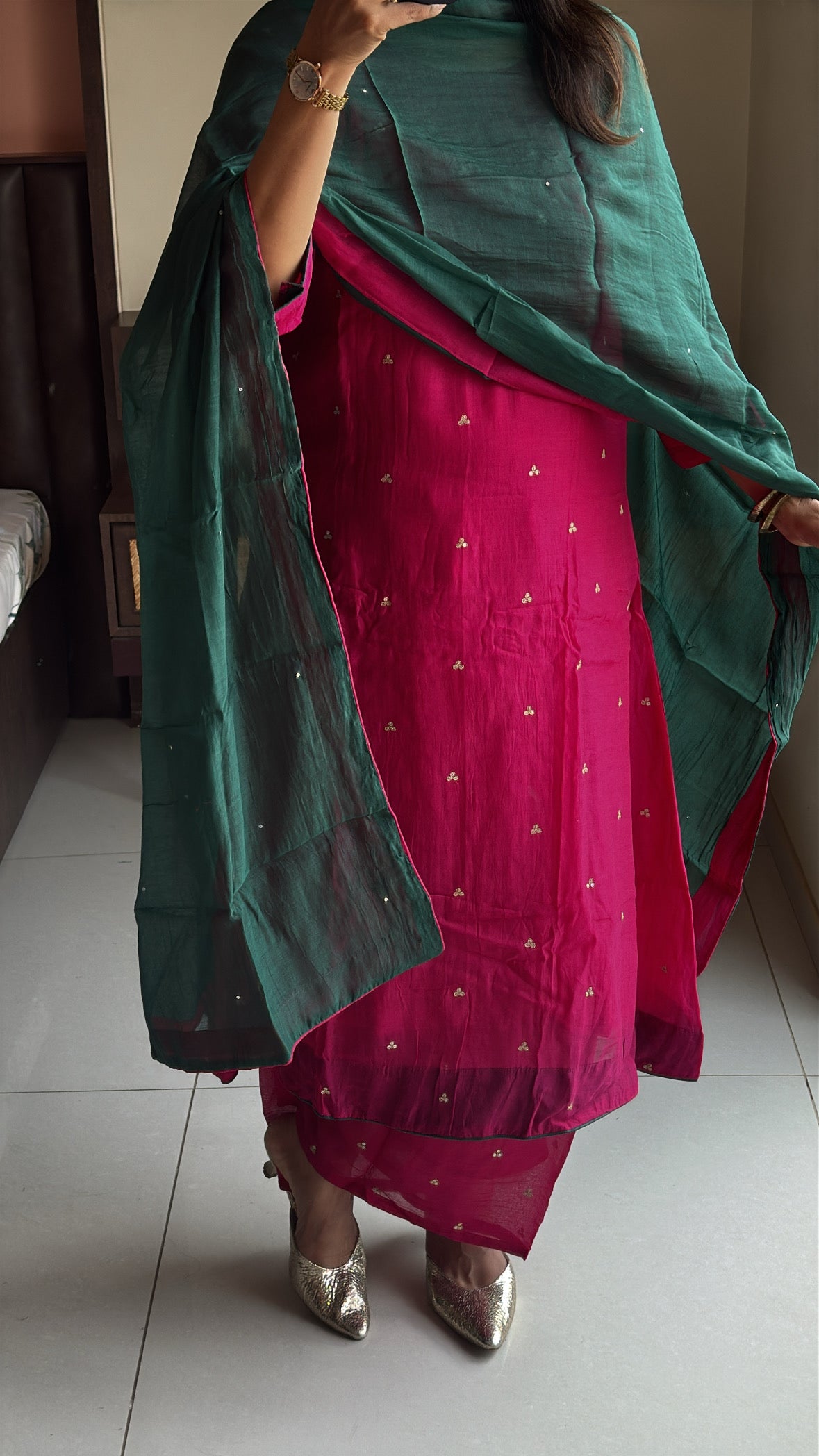Rani & Green A-Line Kurta Palazzo Dupatta Set | Sequins Embroidery | Pure Mul Chanderi