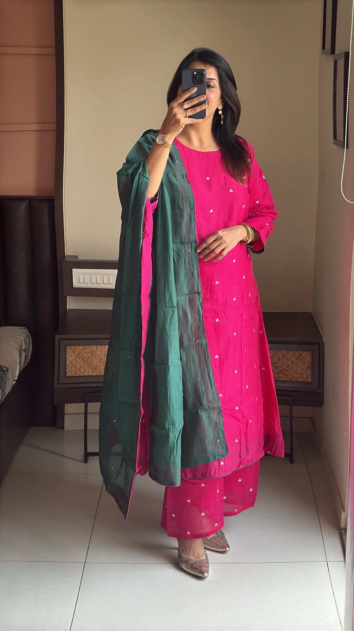 Rani & Green A-Line Kurta Palazzo Dupatta Set | Sequins Embroidery | Pure Mul Chanderi