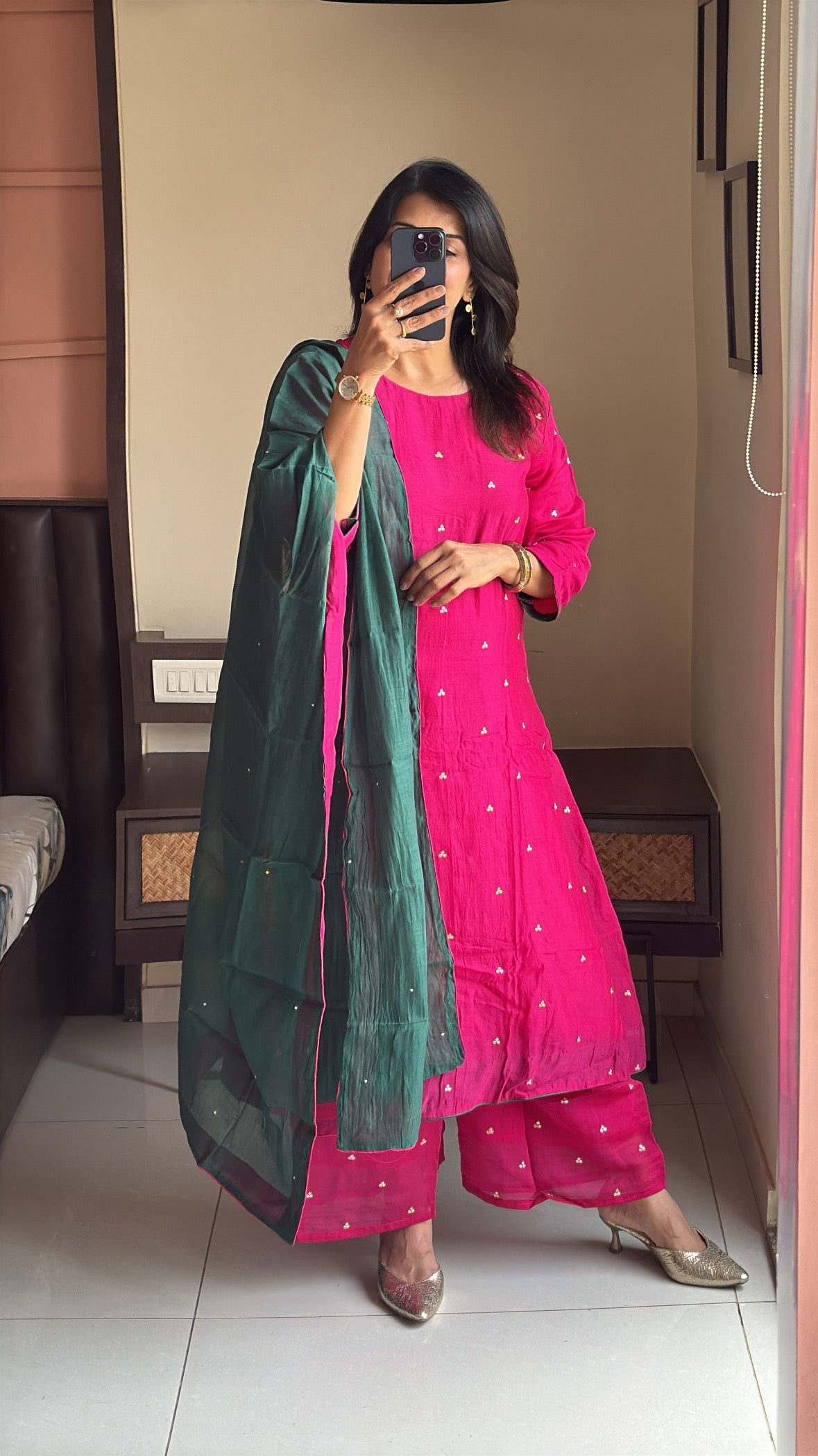 Rani & Green A-Line Kurta Palazzo Dupatta Set | Sequins Embroidery | Pure Mul Chanderi