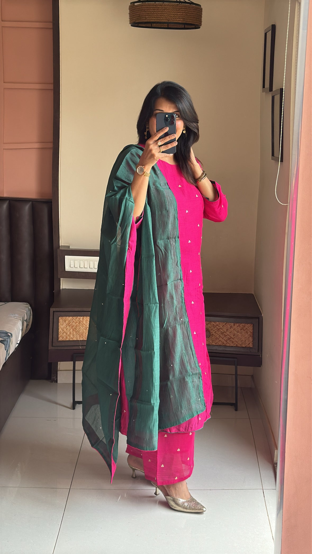 Rani & Green A-Line Kurta Palazzo Dupatta Set | Sequins Embroidery | Pure Mul Chanderi
