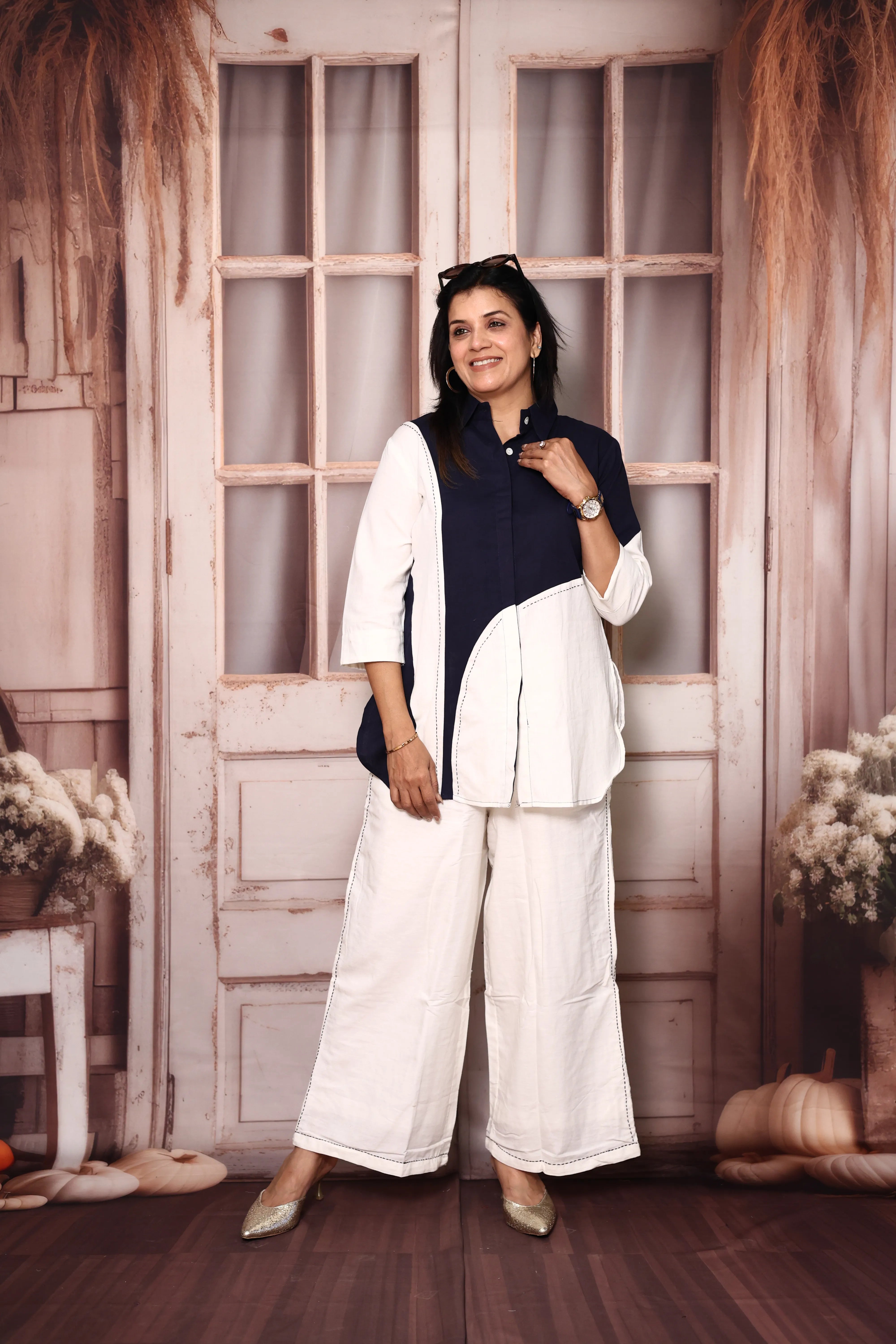 Blue White Co-Ord Set for Women | Premium Cotton Flex | Trendy Casual & Office Wear