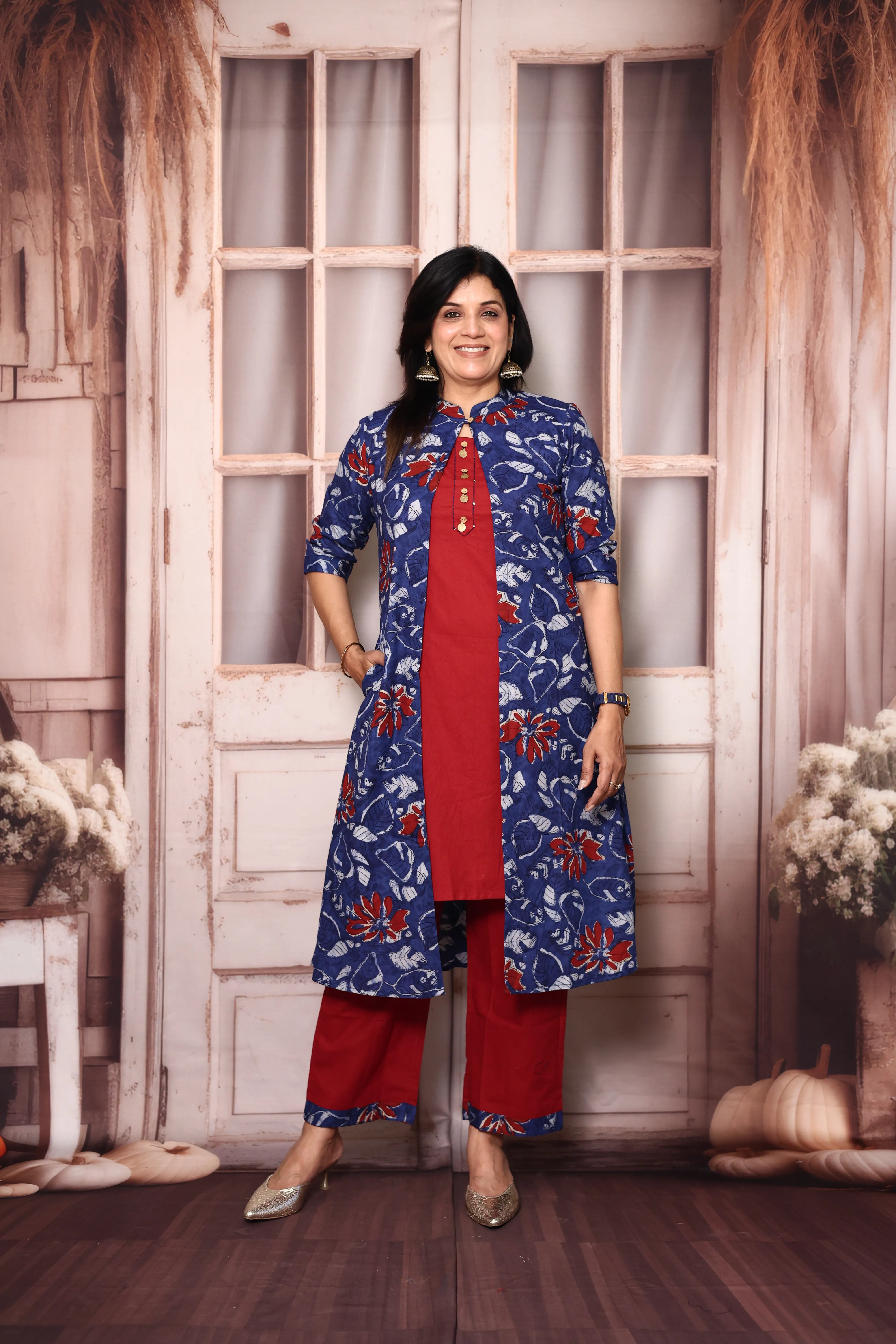 Red Blue Cotton Kurti Palazzo Set with Printed Shrug | Handwork Yoke Indo Western Set