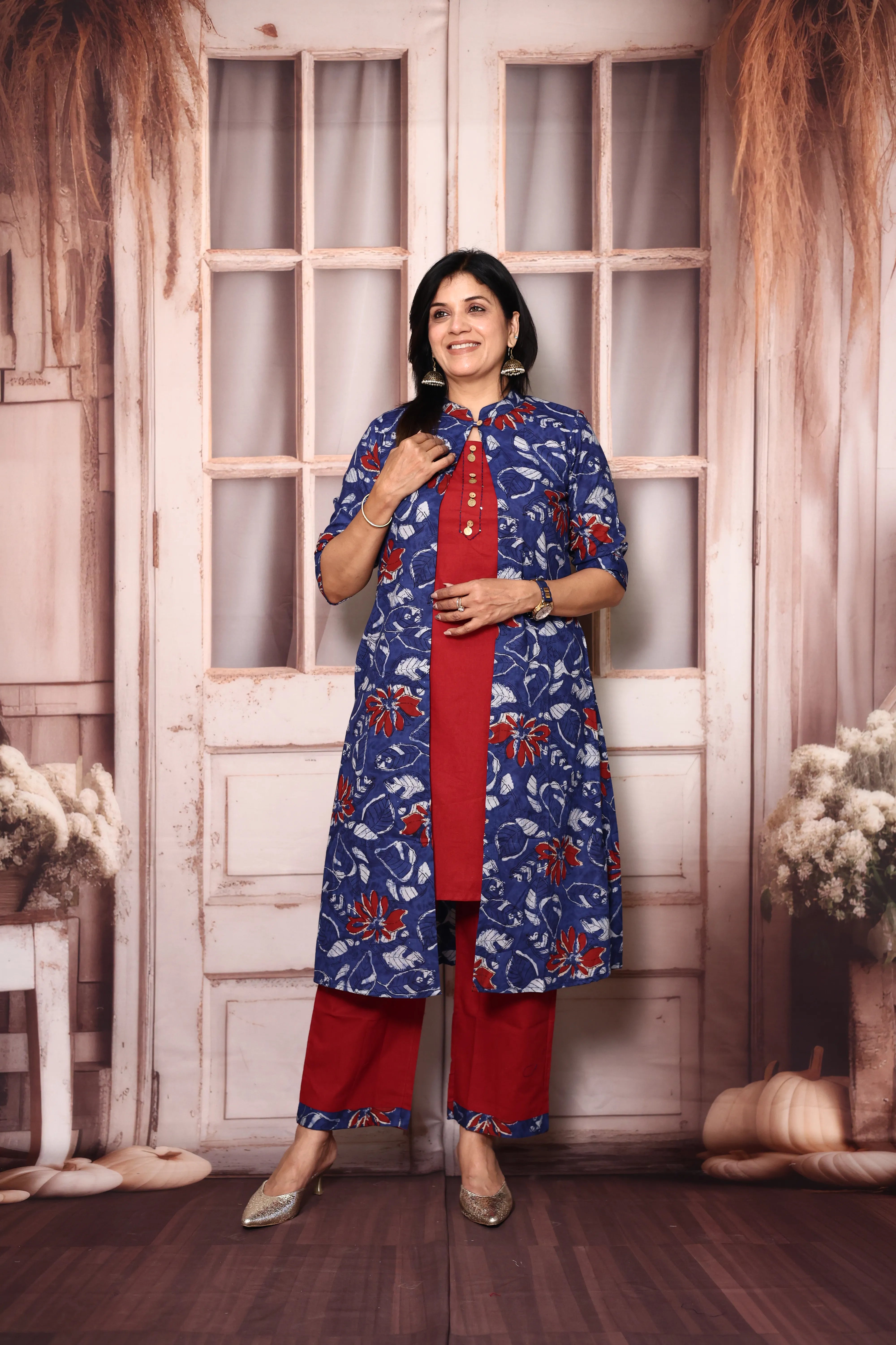 Red Blue Cotton Kurti Palazzo Set with Printed Shrug | Handwork Yoke Indo Western Set