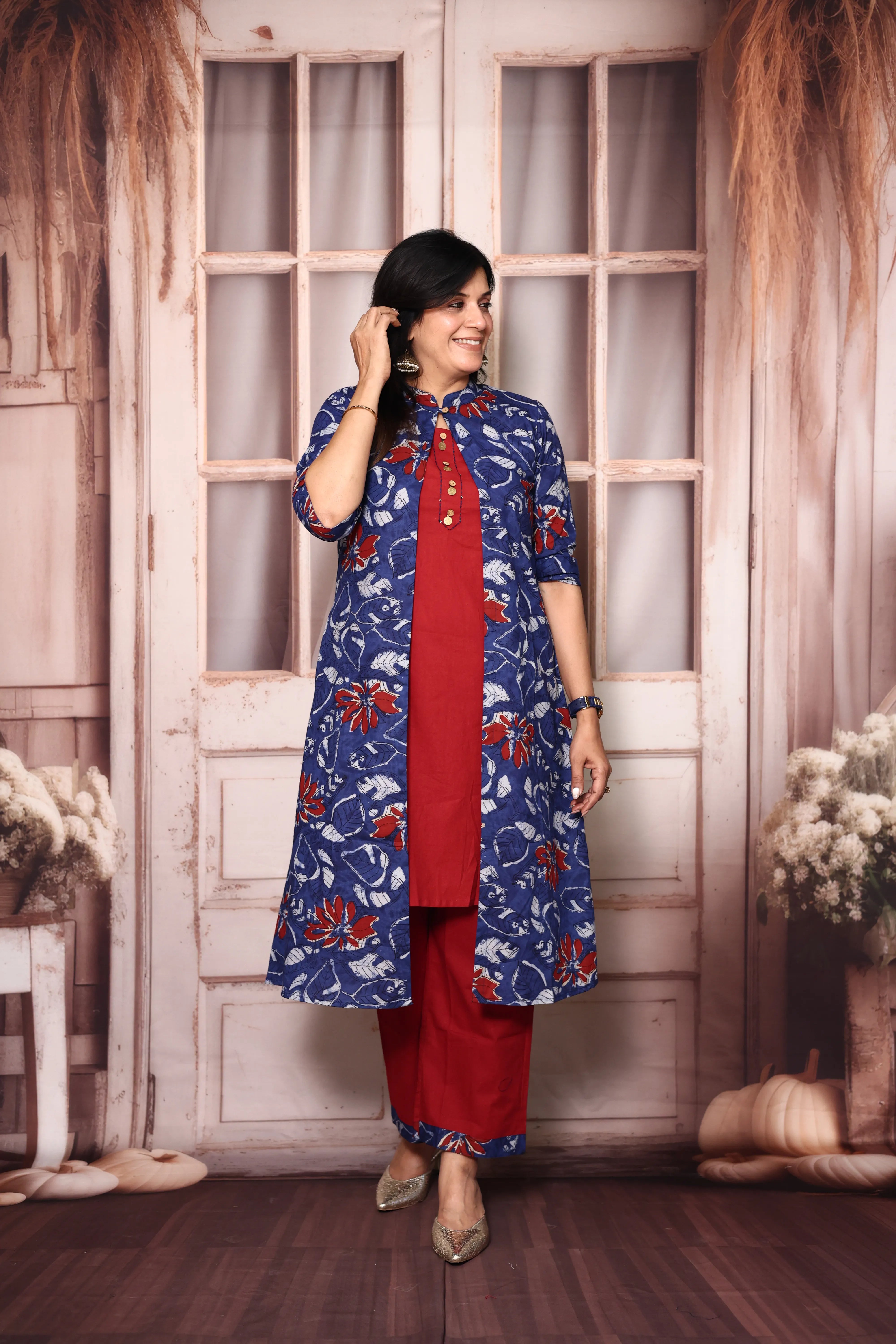 Red Blue Cotton Kurti Palazzo Set with Printed Shrug | Handwork Yoke Indo Western Set