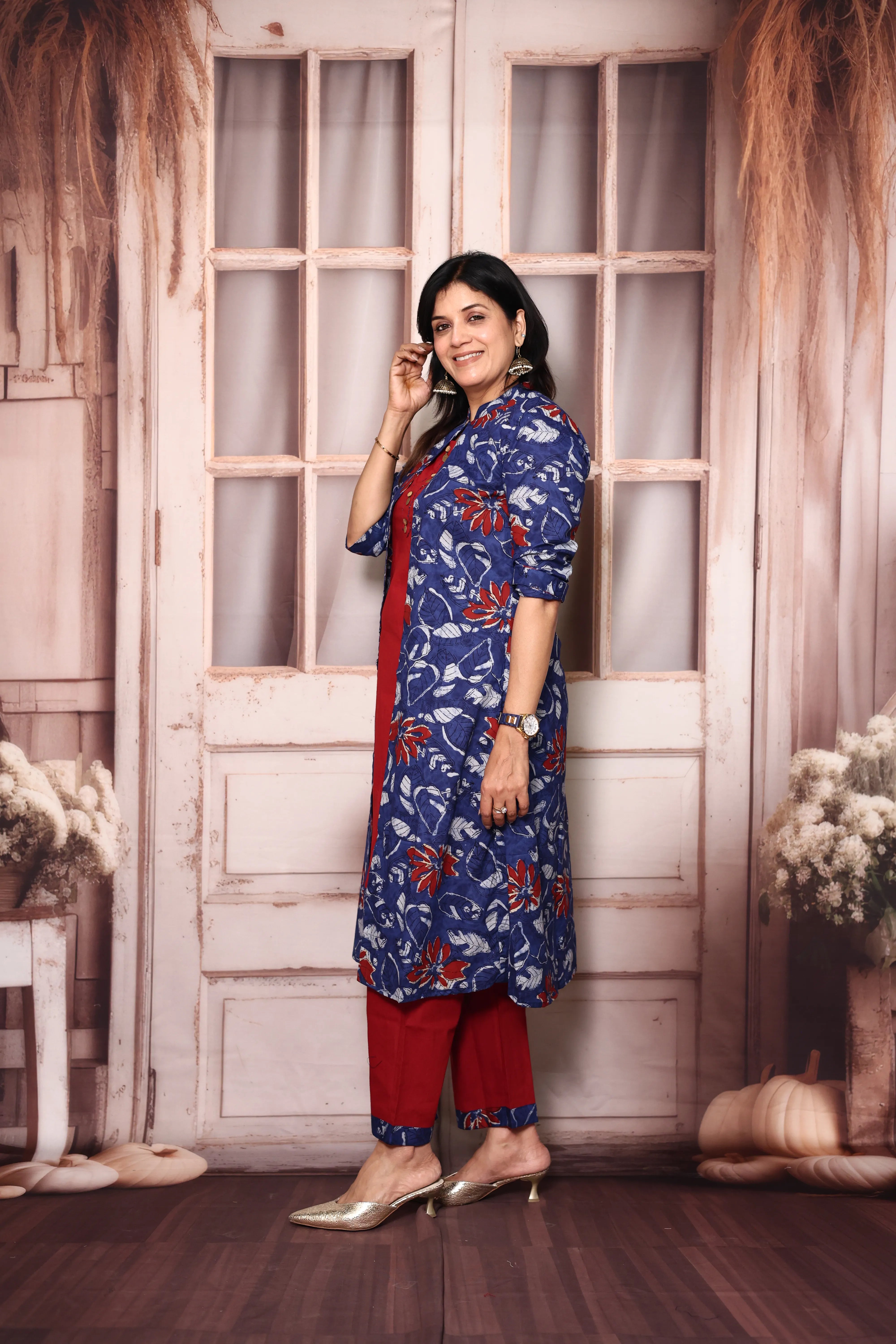 Red Blue Cotton Kurti Palazzo Set with Printed Shrug | Handwork Yoke Indo Western Set