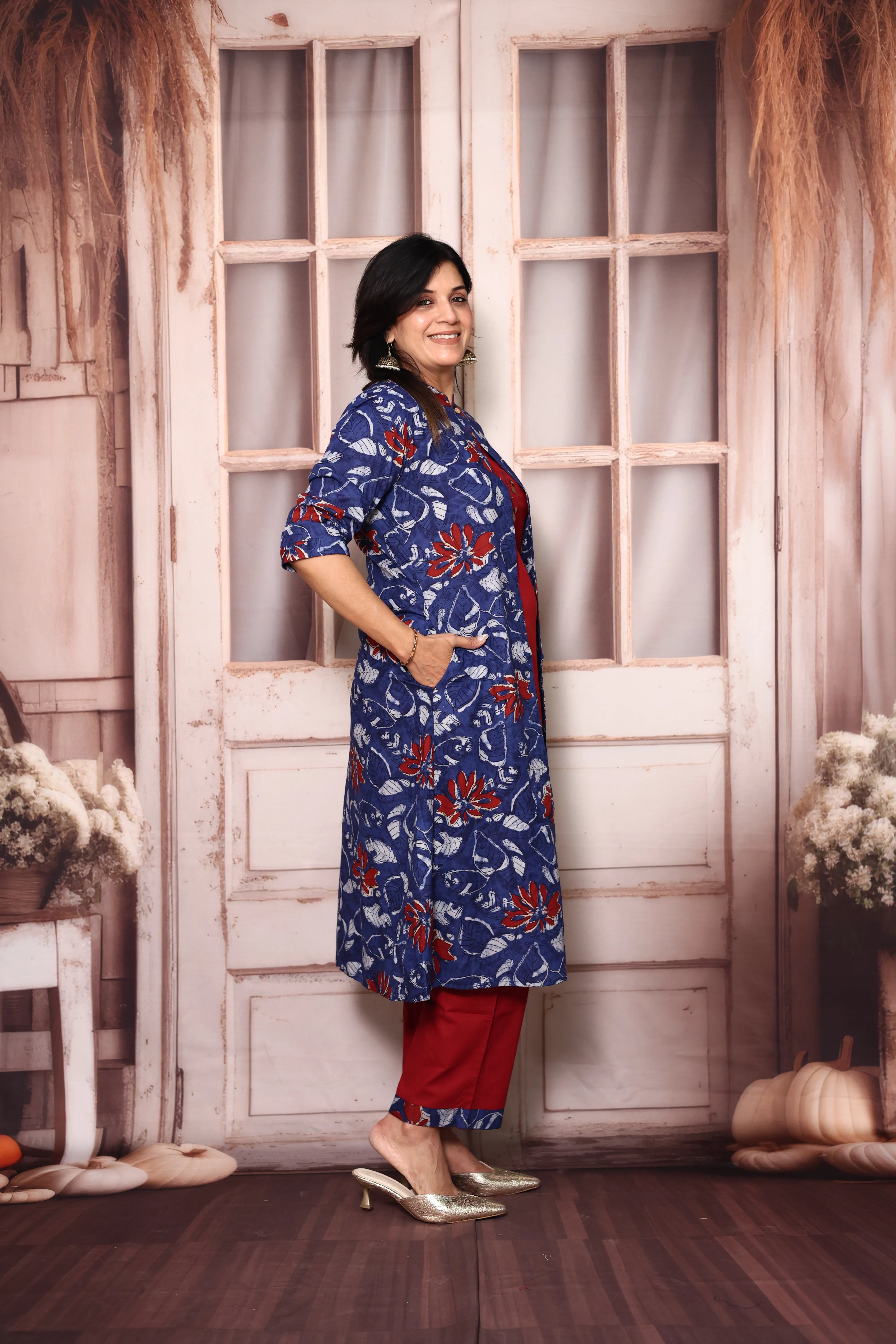 Red Blue Cotton Kurti Palazzo Set with Printed Shrug | Handwork Yoke Indo Western Set