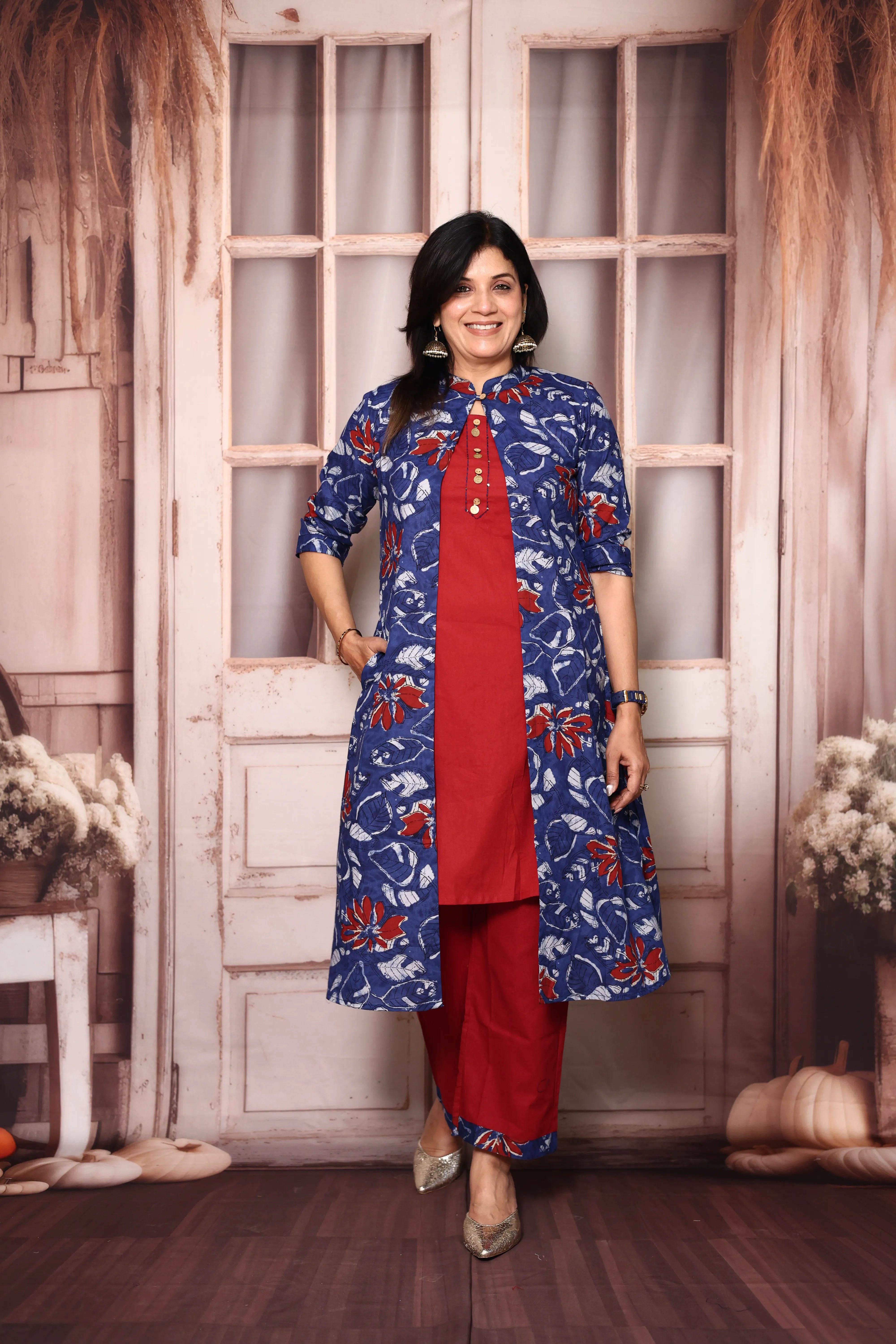 Red Blue Cotton Kurti Palazzo Set with Printed Shrug | Handwork Yoke Indo Western Set
