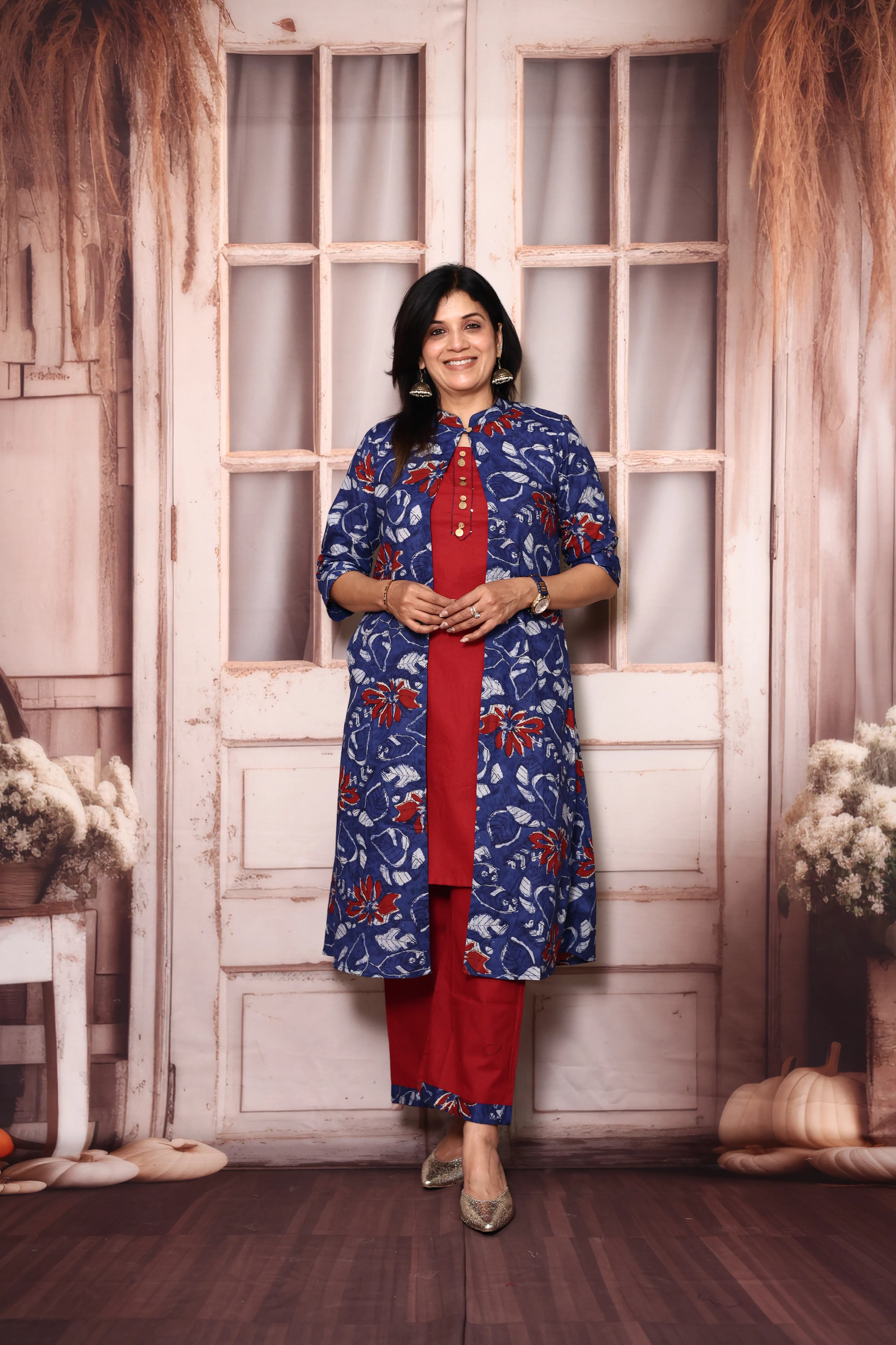 Red Blue Cotton Kurti Palazzo Set with Printed Shrug | Handwork Yoke Indo Western Set