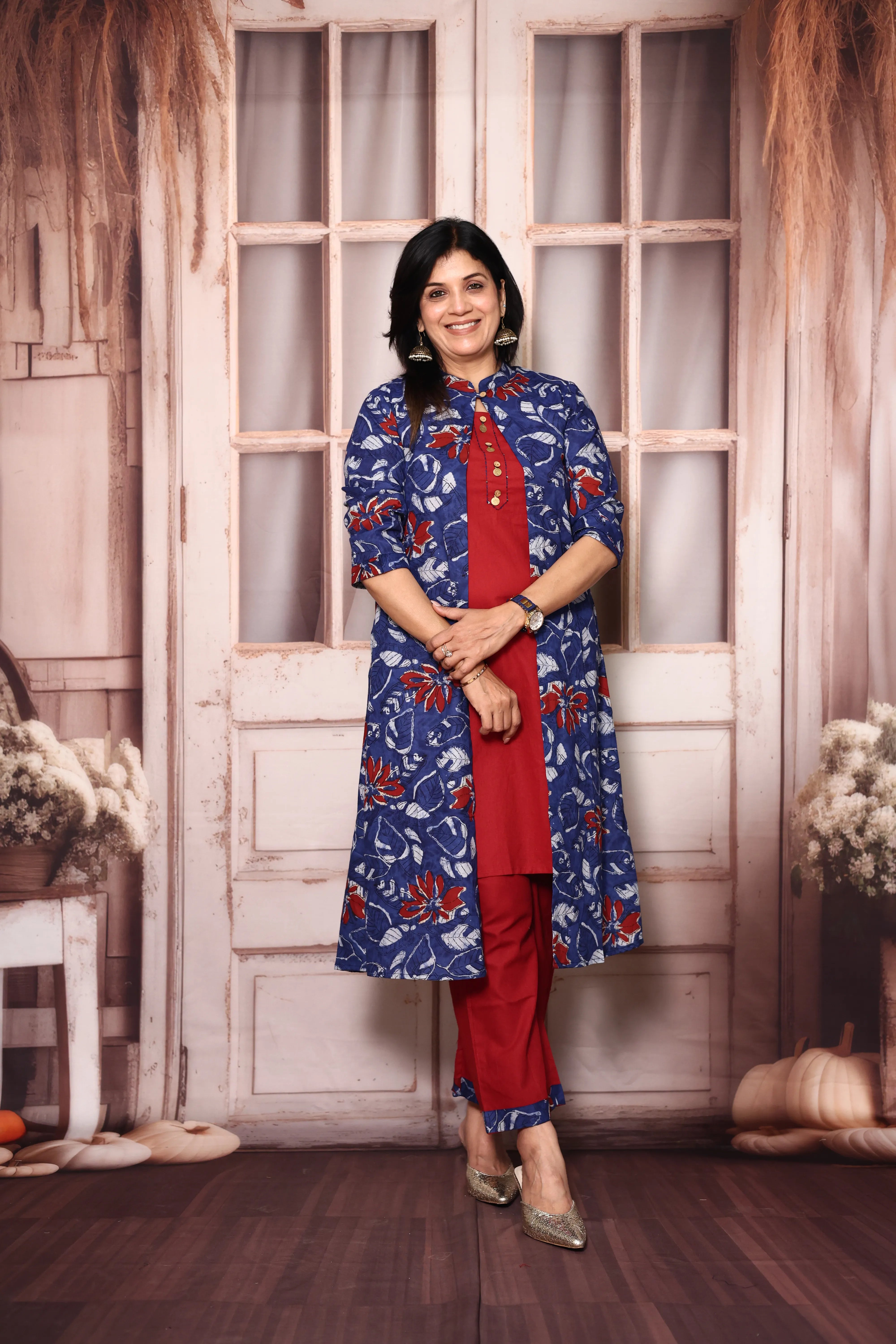 Red Blue Cotton Kurti Palazzo Set with Printed Shrug | Handwork Yoke Indo Western Set