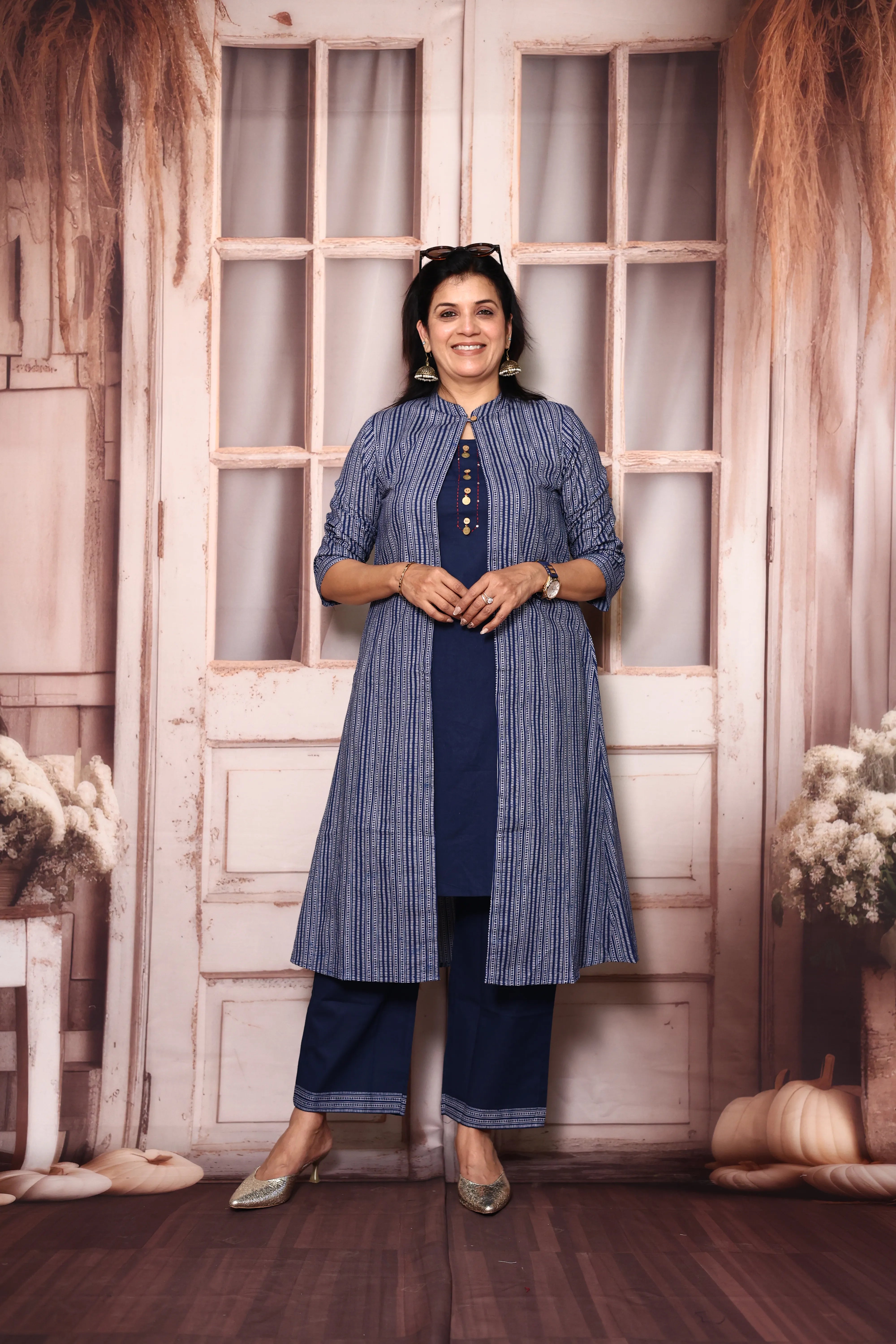 Classic blue Cotton Kurti Palazzo Set with Printed Shrug | Handwork Yoke Indo Western Set