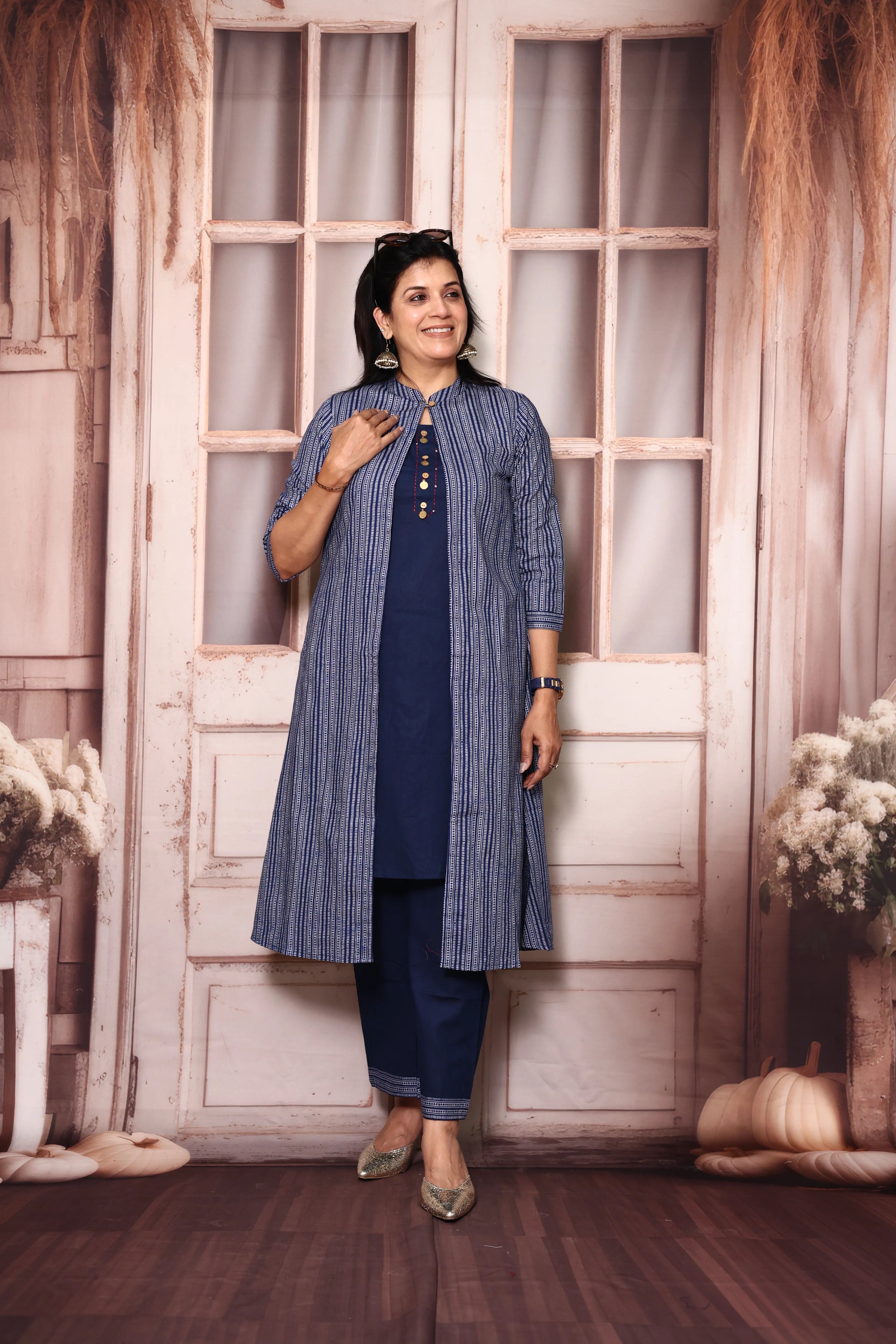 Classic blue Cotton Kurti Palazzo Set with Printed Shrug | Handwork Yoke Indo Western Set