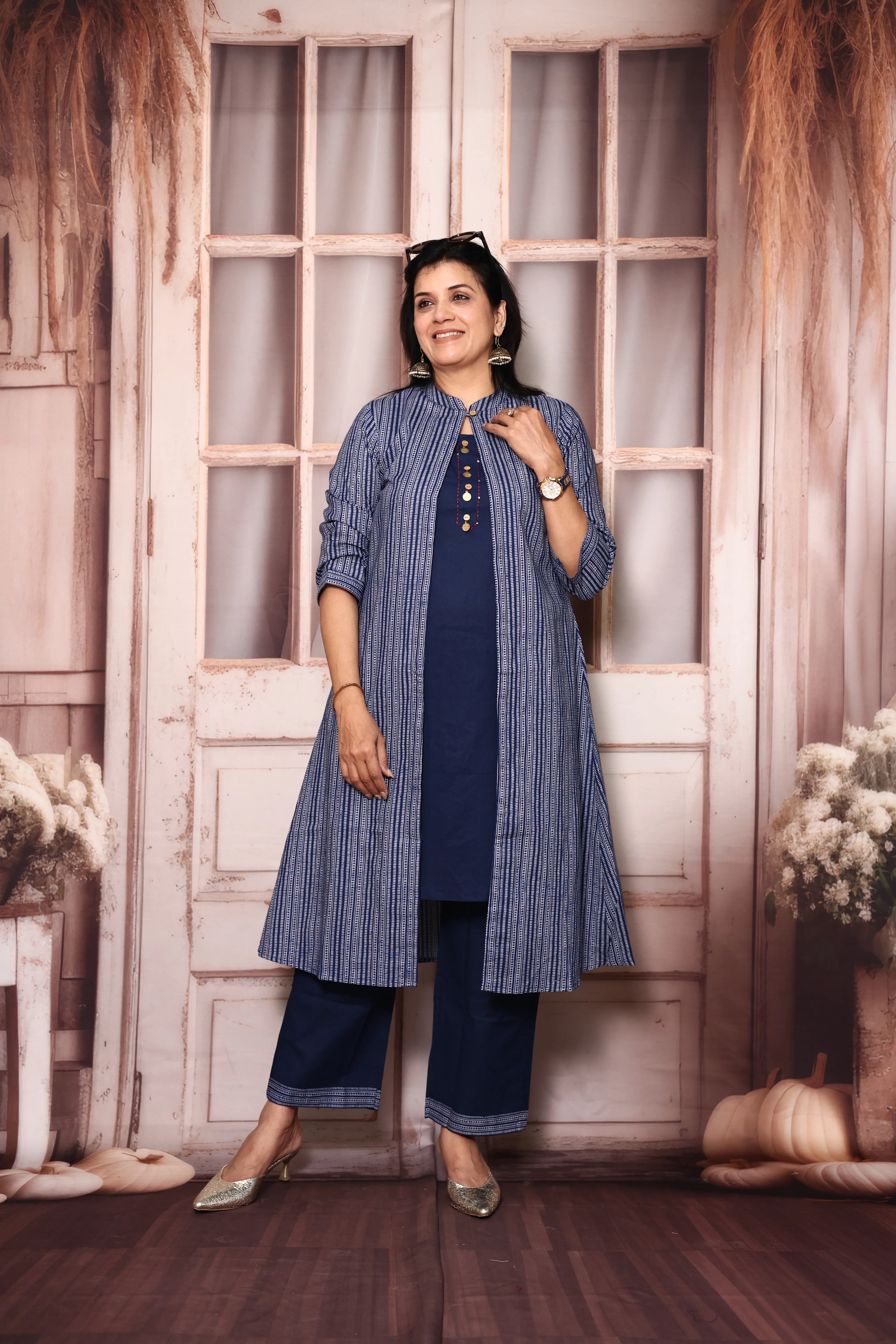 Classic blue Cotton Kurti Palazzo Set with Printed Shrug | Handwork Yoke Indo Western Set