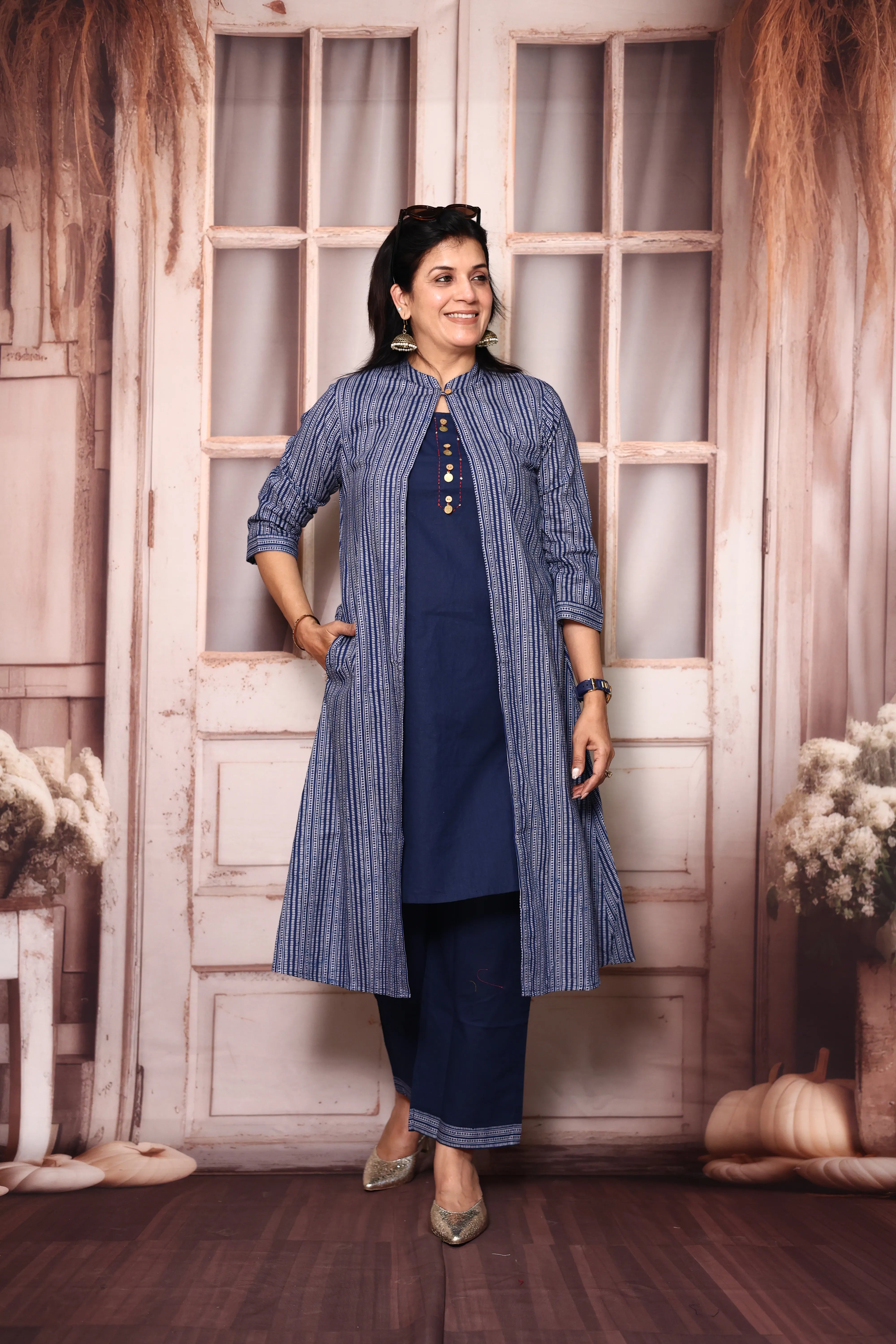 Classic blue Cotton Kurti Palazzo Set with Printed Shrug | Handwork Yoke Indo Western Set