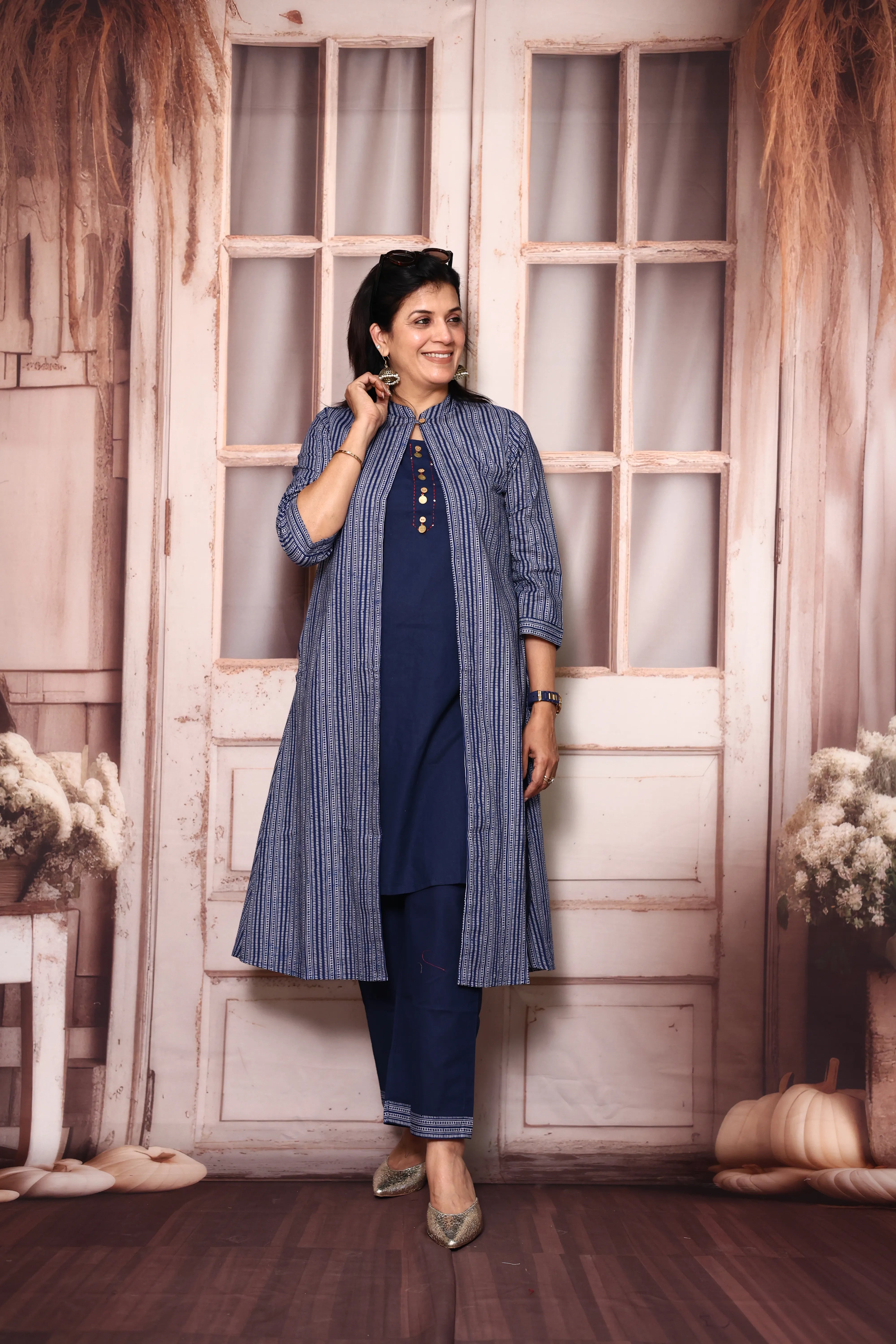 Classic blue Cotton Kurti Palazzo Set with Printed Shrug | Handwork Yoke Indo Western Set