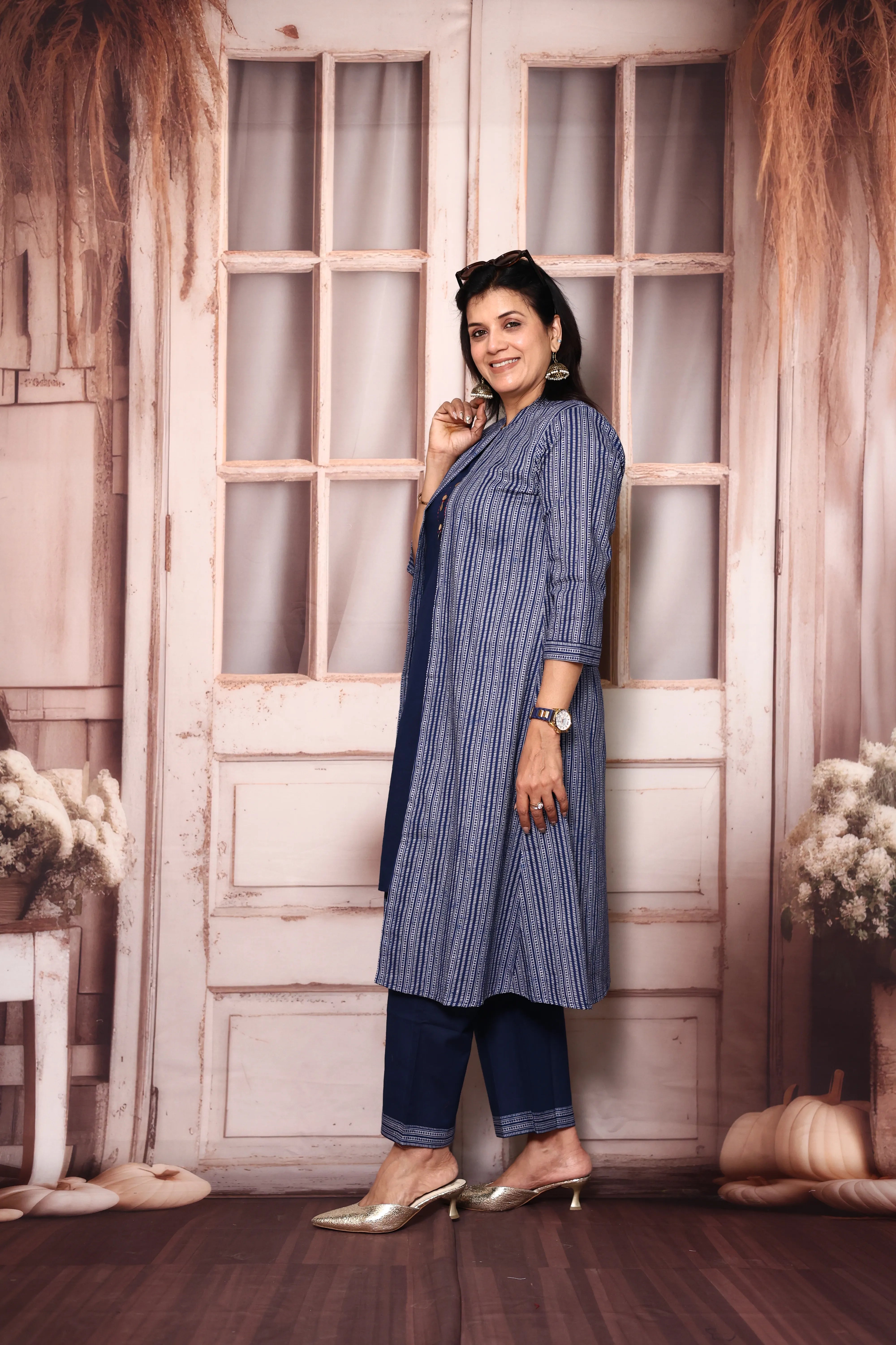Classic blue Cotton Kurti Palazzo Set with Printed Shrug | Handwork Yoke Indo Western Set