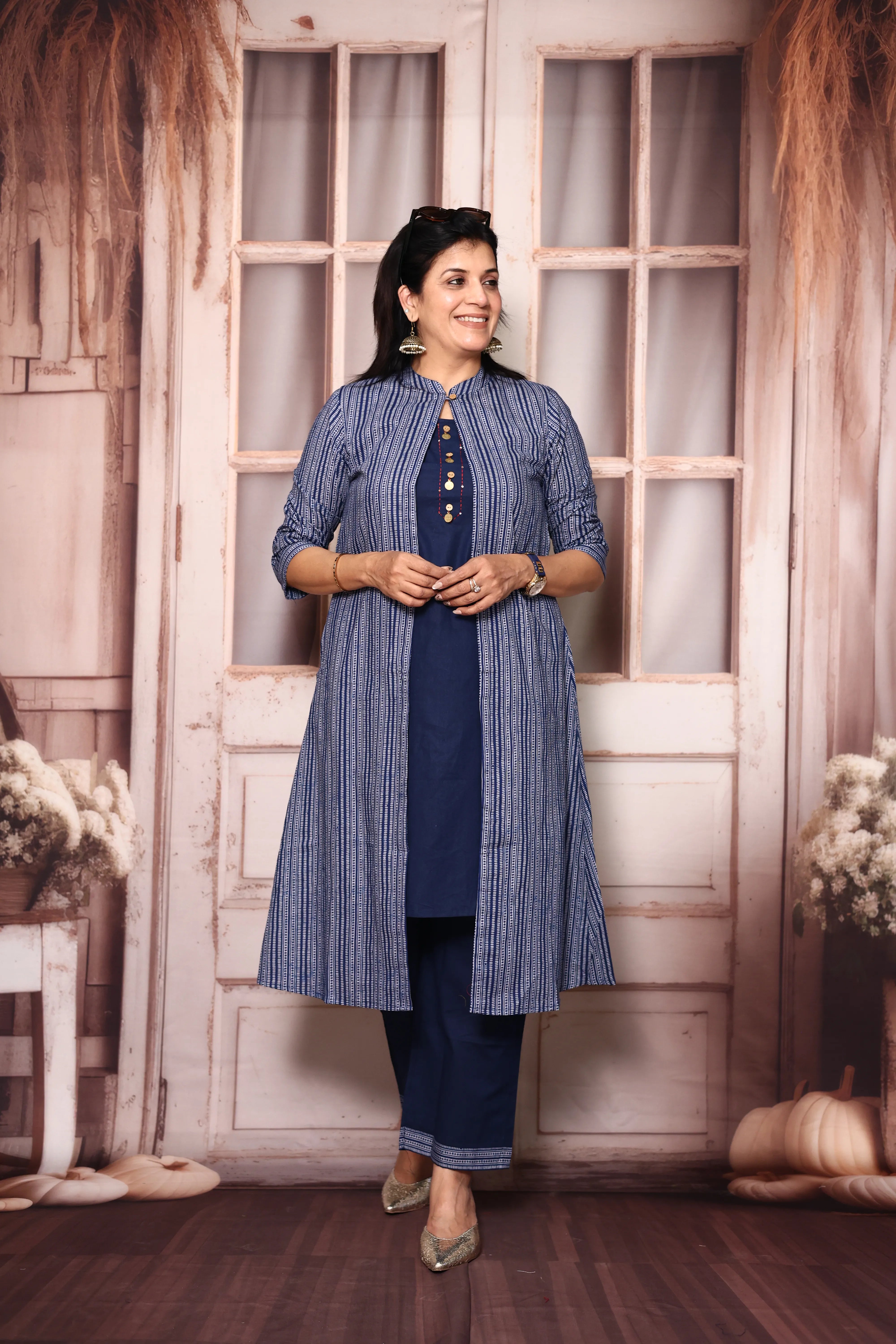 Classic blue Cotton Kurti Palazzo Set with Printed Shrug | Handwork Yoke Indo Western Set
