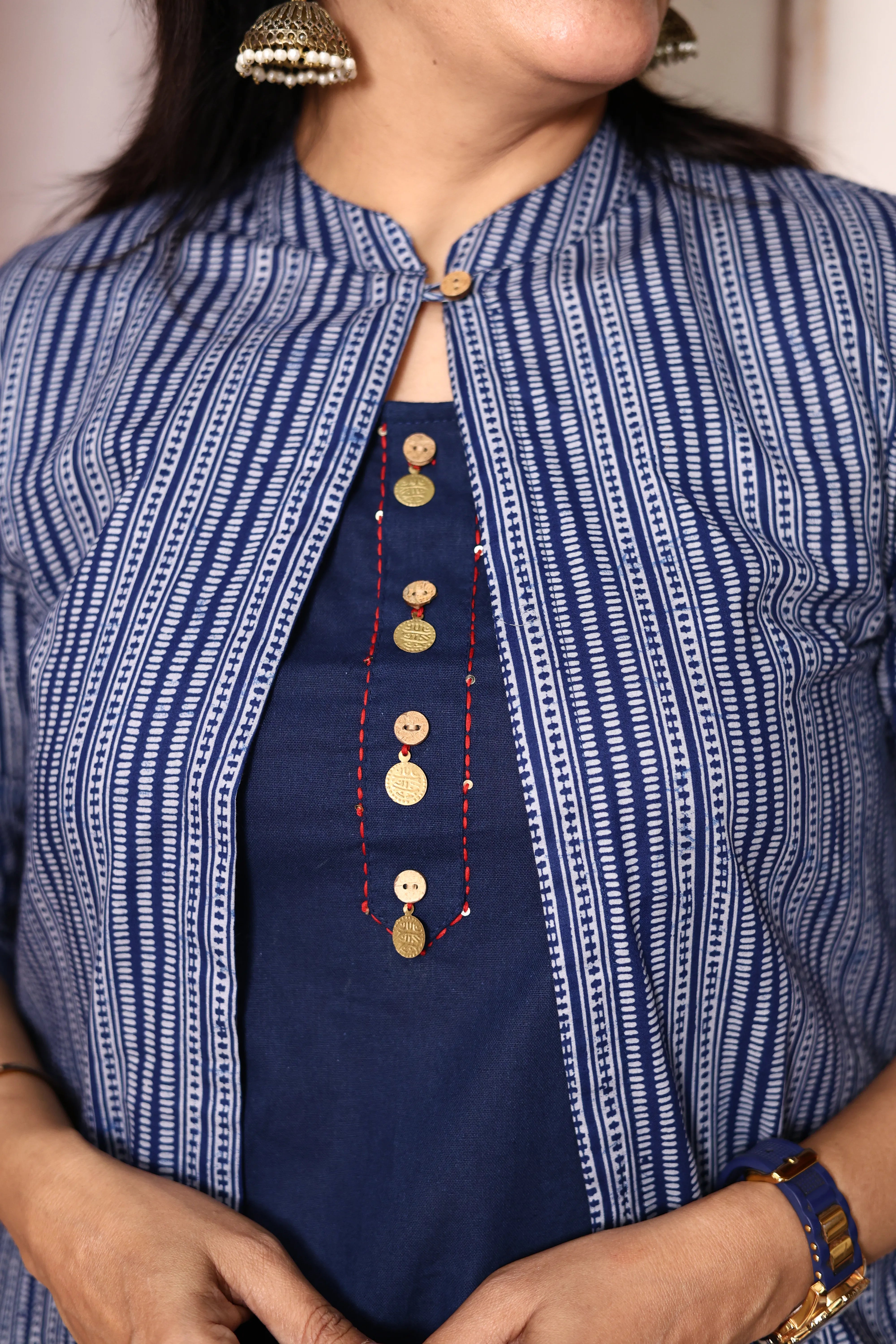 Classic blue Cotton Kurti Palazzo Set with Printed Shrug | Handwork Yoke Indo Western Set