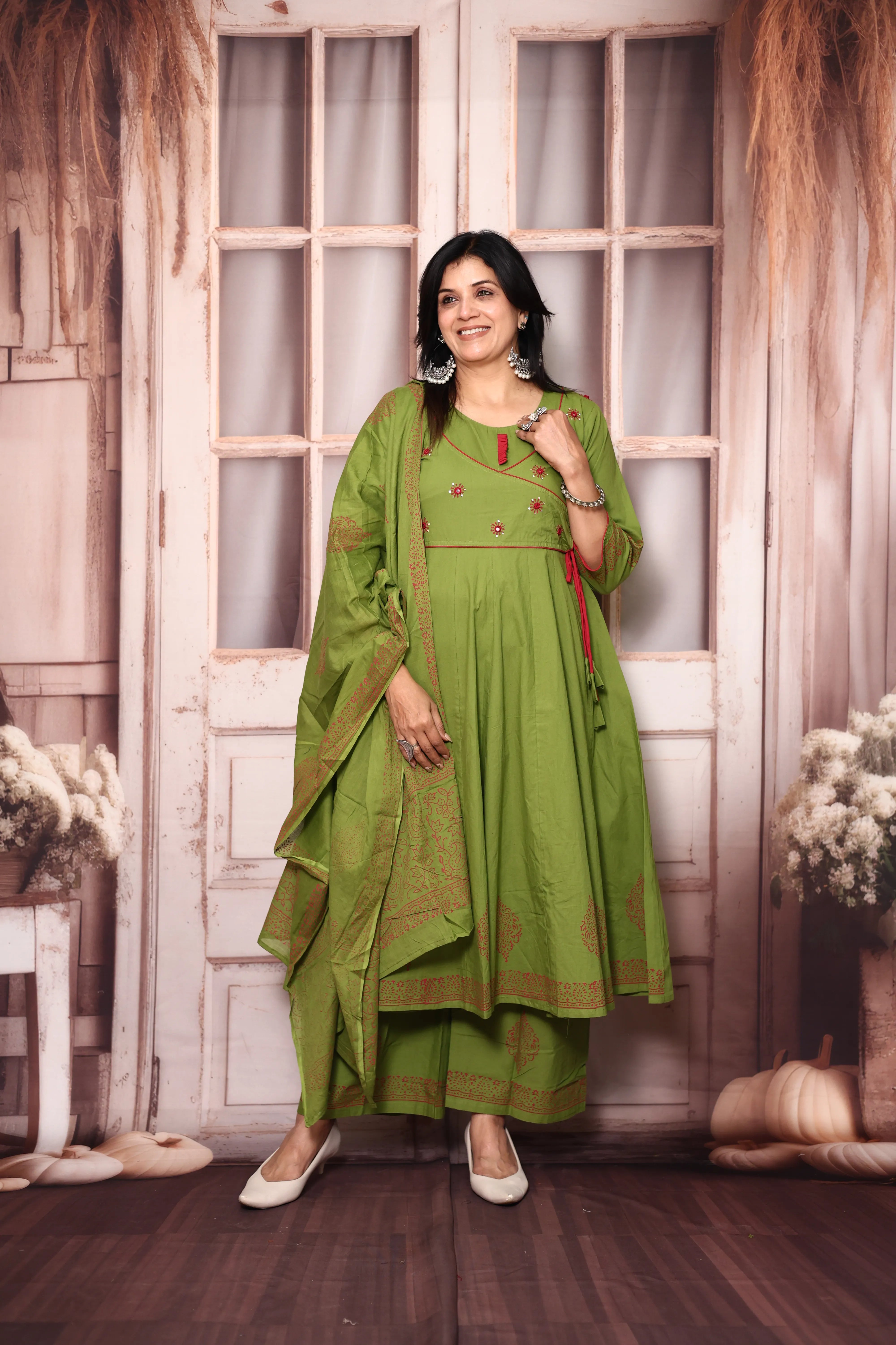 Pear Green Angrakha Style Anarkali Kurta Pant Set with Dupatta | Cotton Ethnic Wear