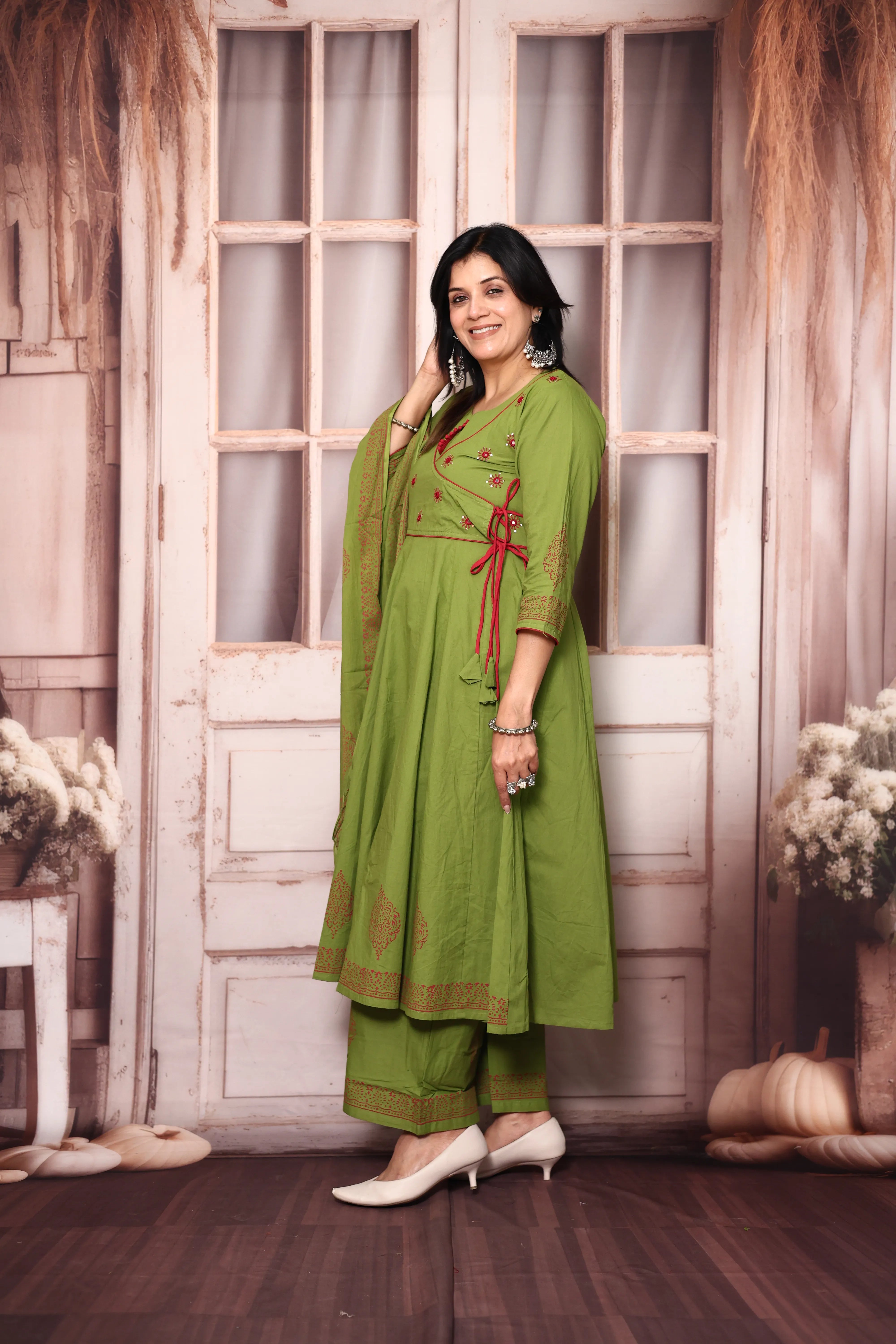 Pear Green Angrakha Style Anarkali Kurta Pant Set with Dupatta | Cotton Ethnic Wear