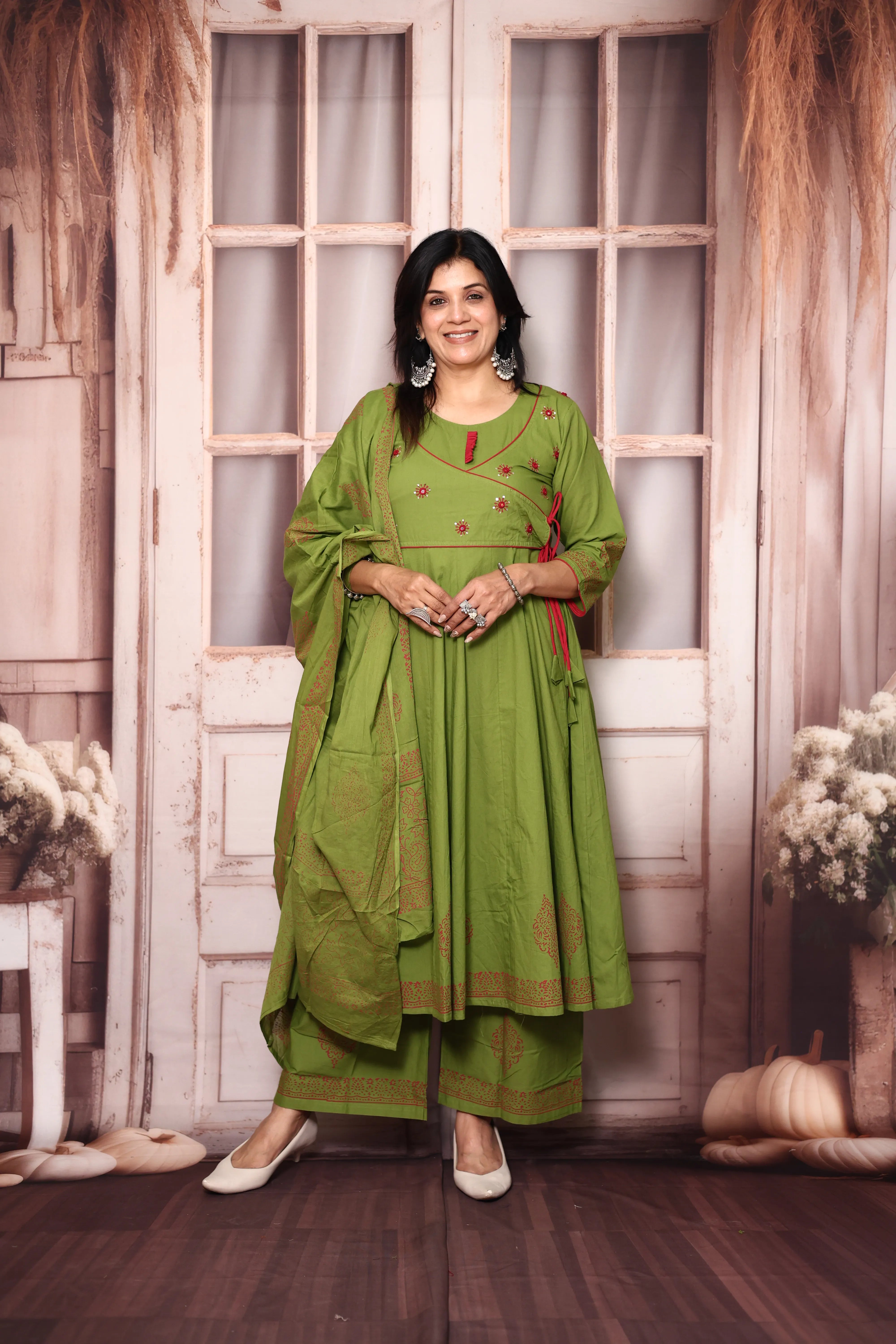 Pear Green Angrakha Style Anarkali Kurta Pant Set with Dupatta | Cotton Ethnic Wear