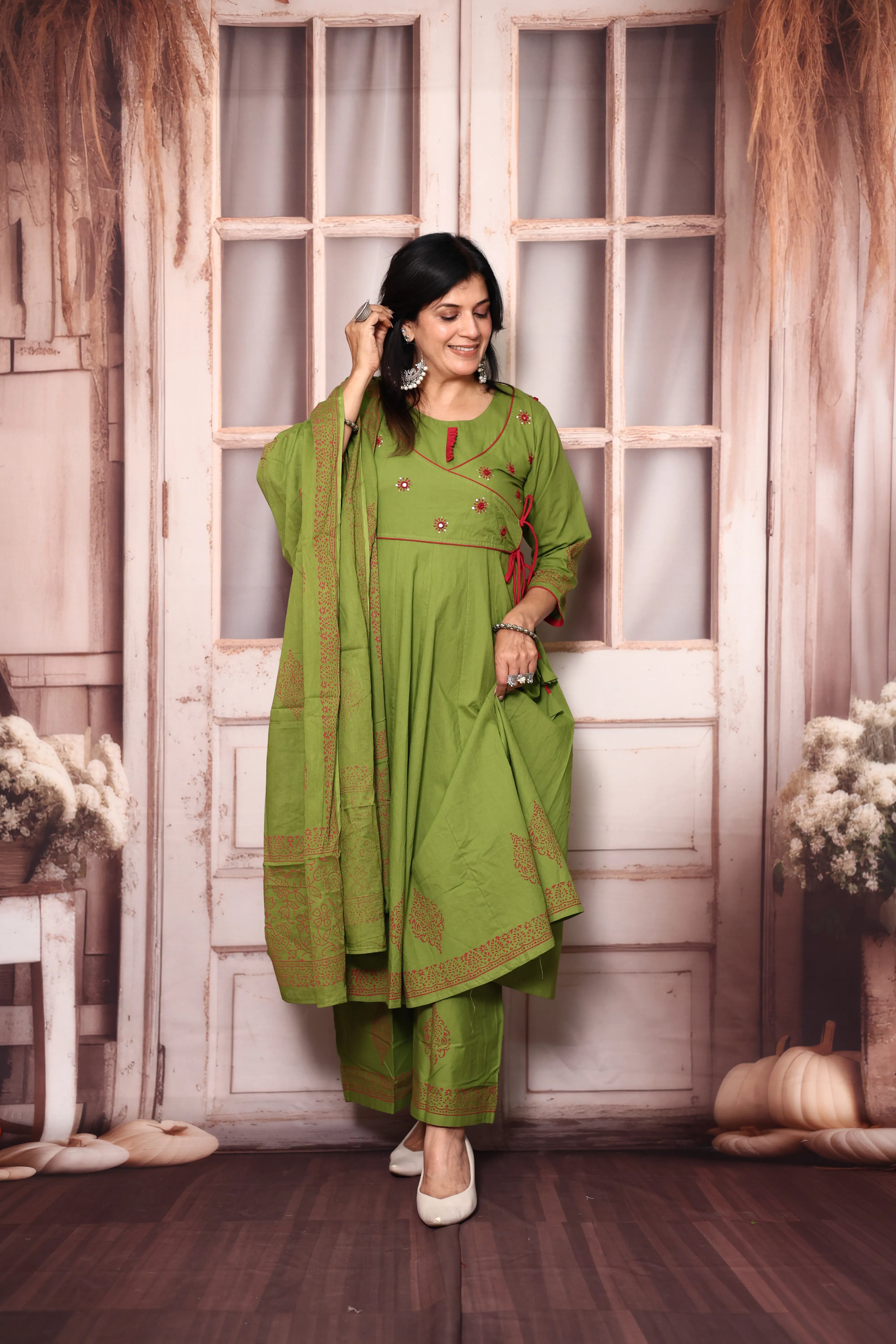 Pear Green Angrakha Style Anarkali Kurta Pant Set with Dupatta | Cotton Ethnic Wear