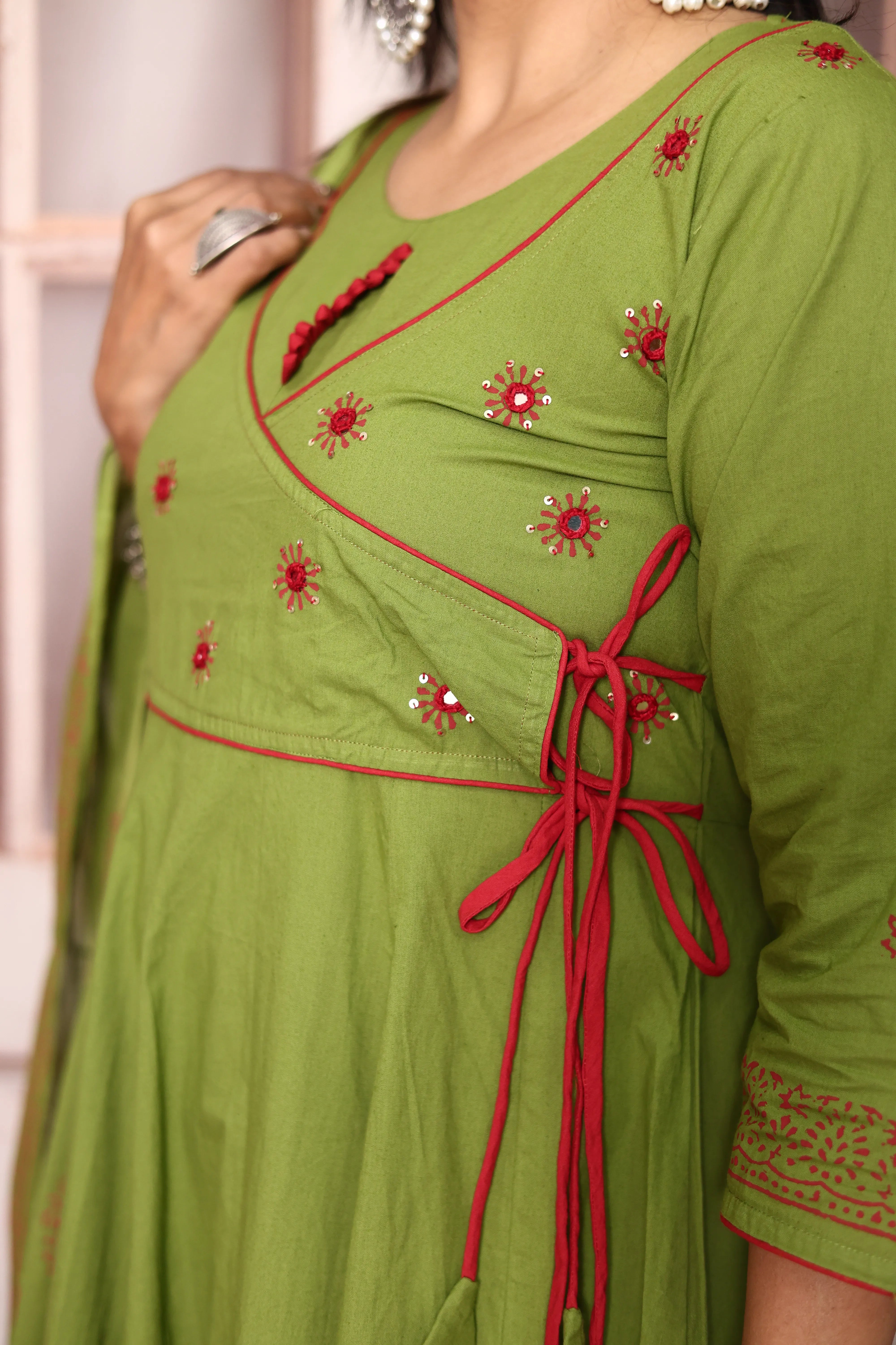 Pear Green Angrakha Style Anarkali Kurta Pant Set with Dupatta | Cotton Ethnic Wear