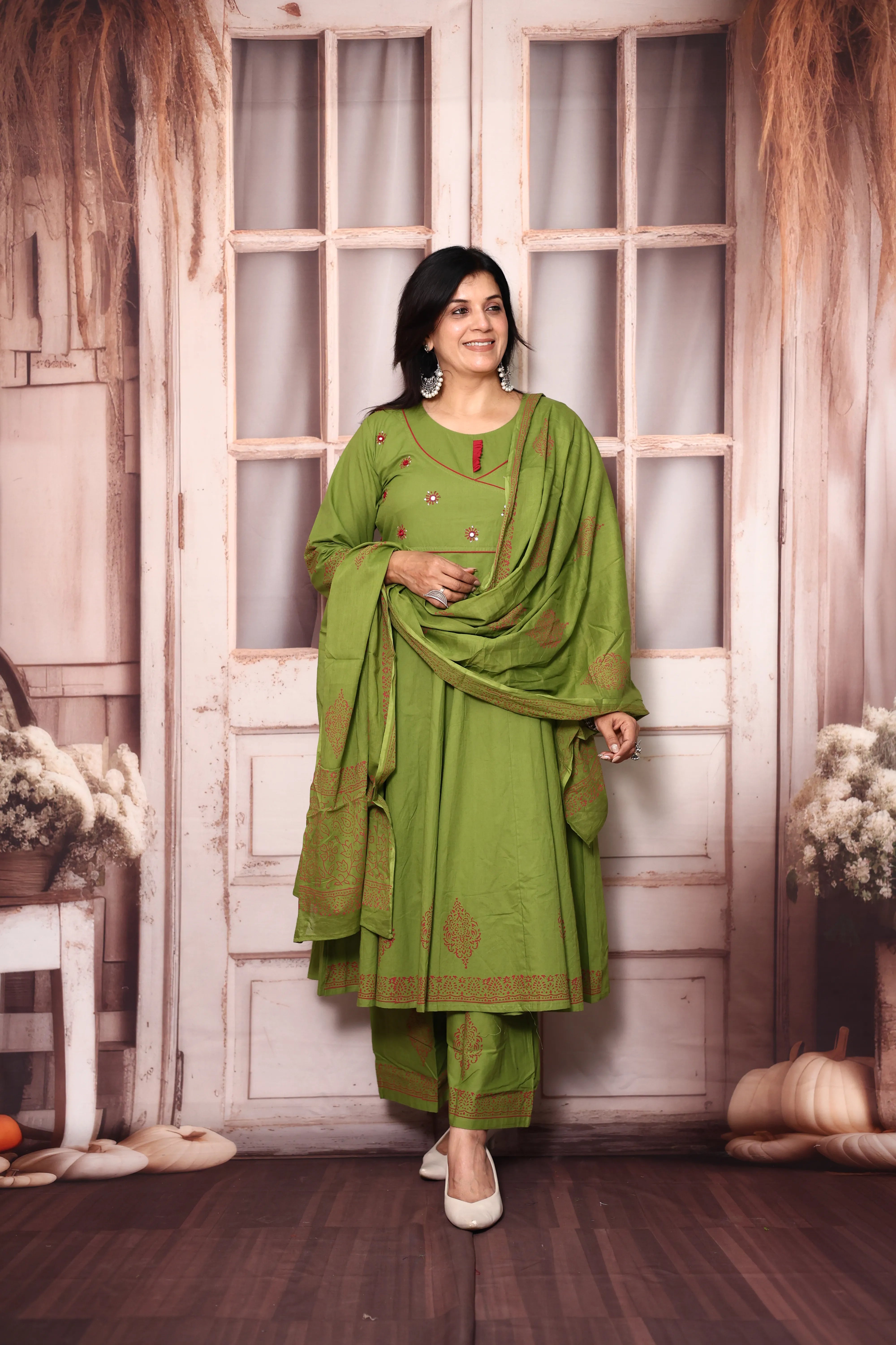 Pear Green Angrakha Style Anarkali Kurta Pant Set with Dupatta | Cotton Ethnic Wear