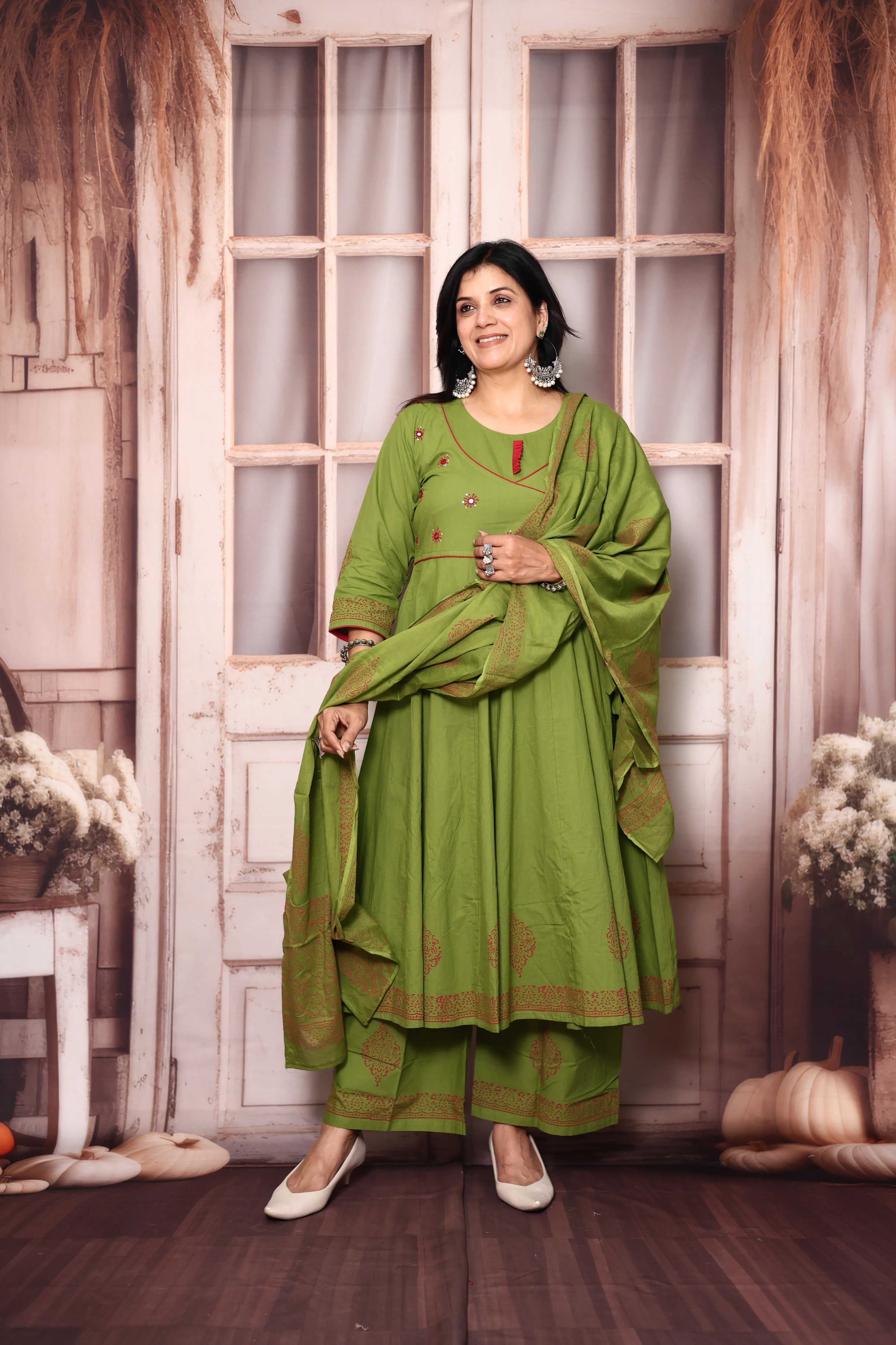 Pear Green Angrakha Style Anarkali Kurta Pant Set with Dupatta | Cotton Ethnic Wear