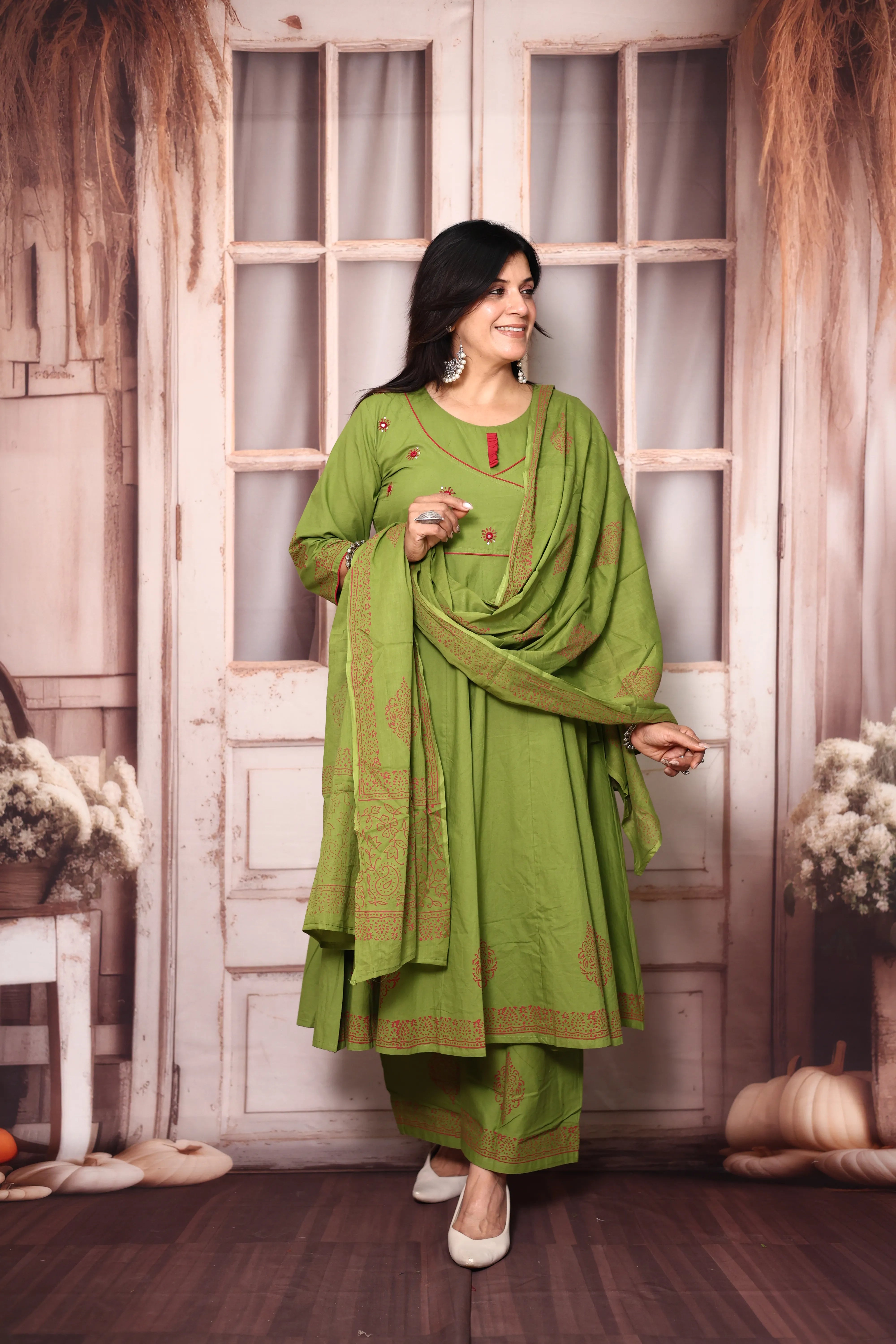 Pear Green Angrakha Style Anarkali Kurta Pant Set with Dupatta | Cotton Ethnic Wear