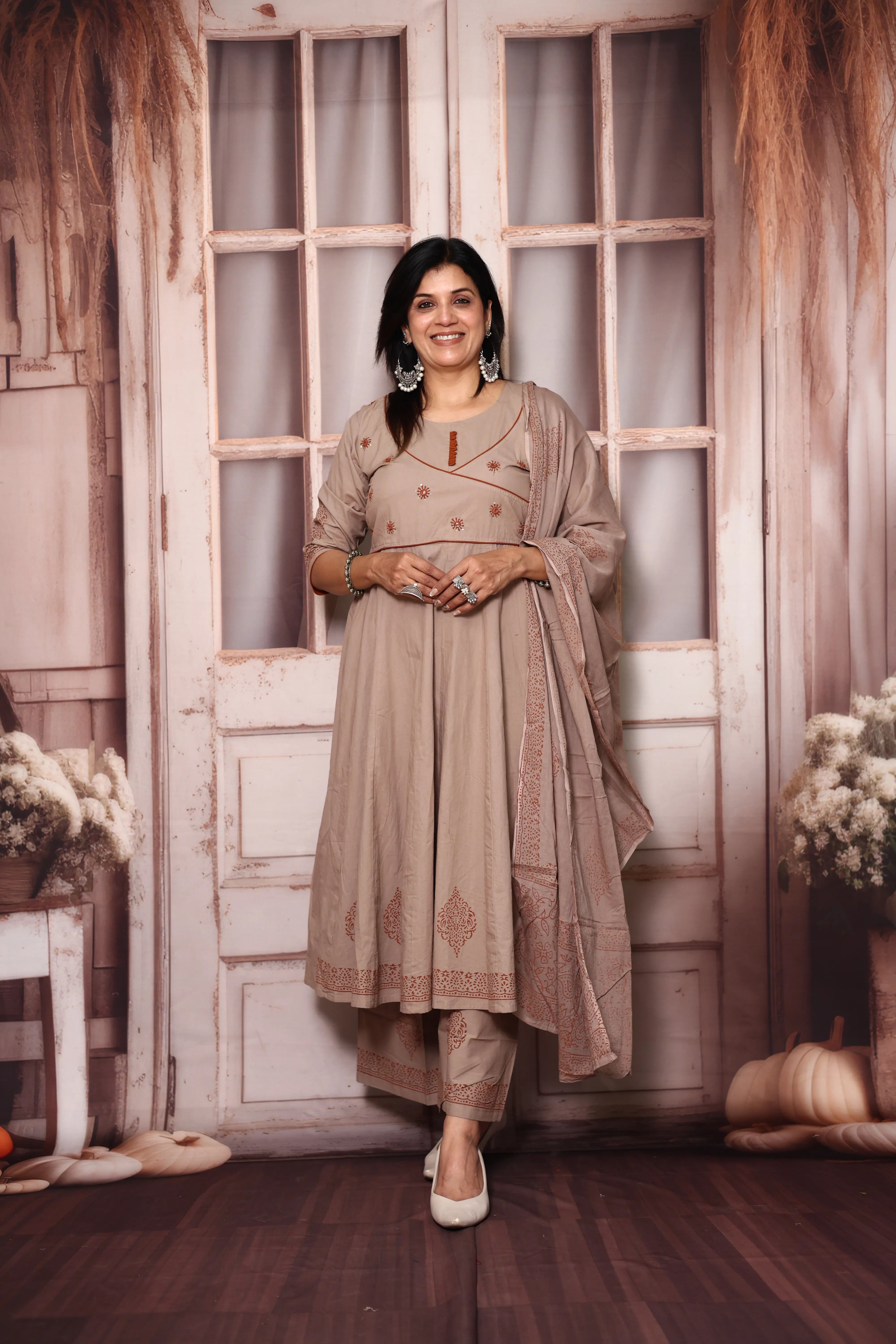 Dusty Beige Angrakha Style Anarkali Kurta Pant Set with Dupatta | Cotton Ethnic Wear